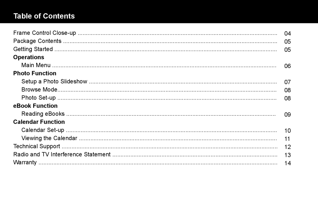 Aluratek ADPF07SF manual Table of Contents 