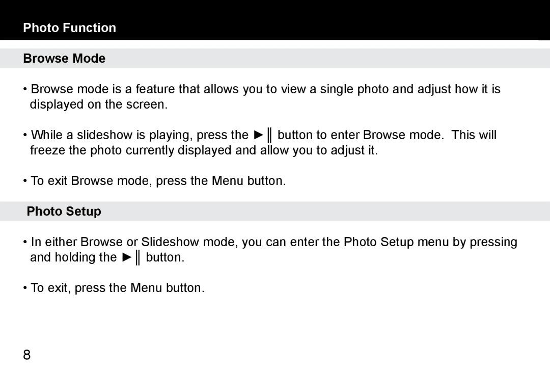 Aluratek ADPF07SF manual Browse Mode, Photo Setup 