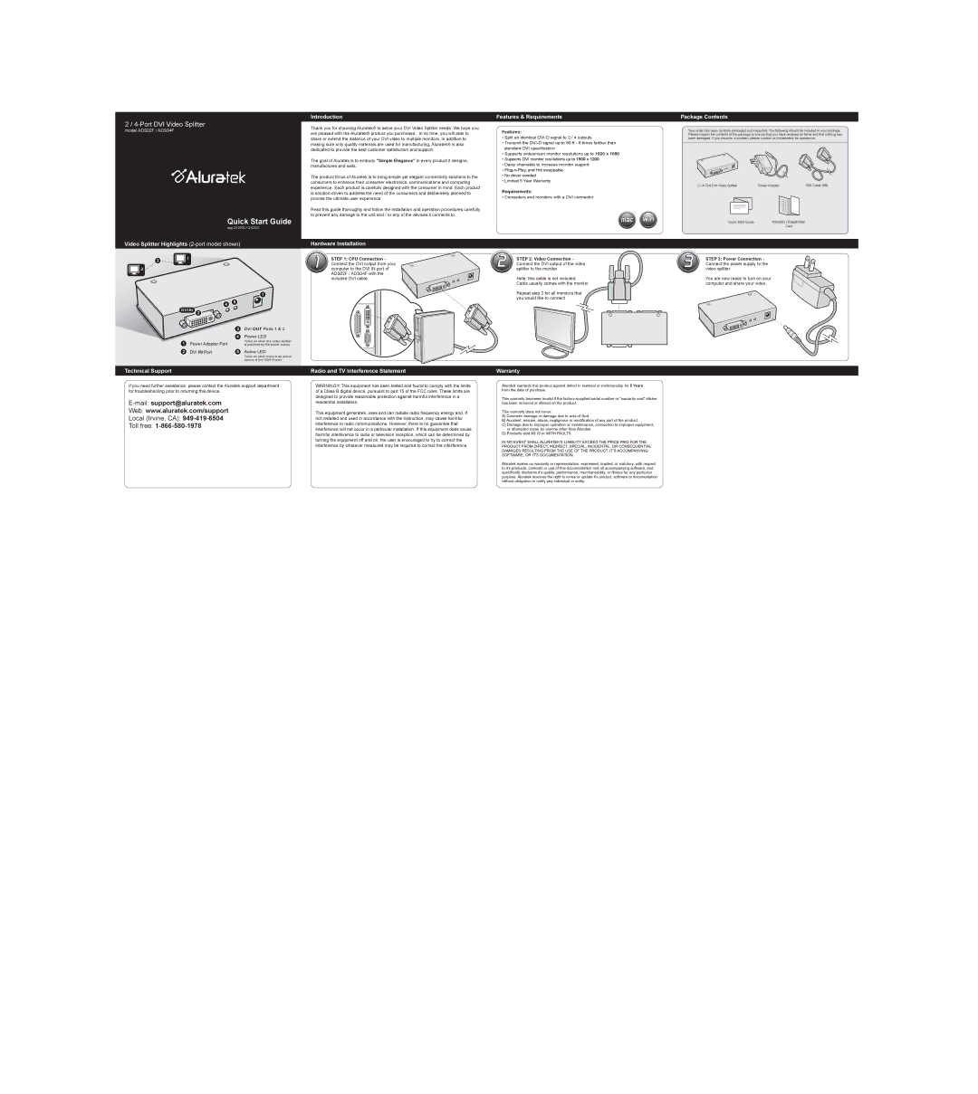 Aluratek ADS04F, ADS02F quick start Introduction Features & Requirements Package Contents, Warranty, Hardware Installation 