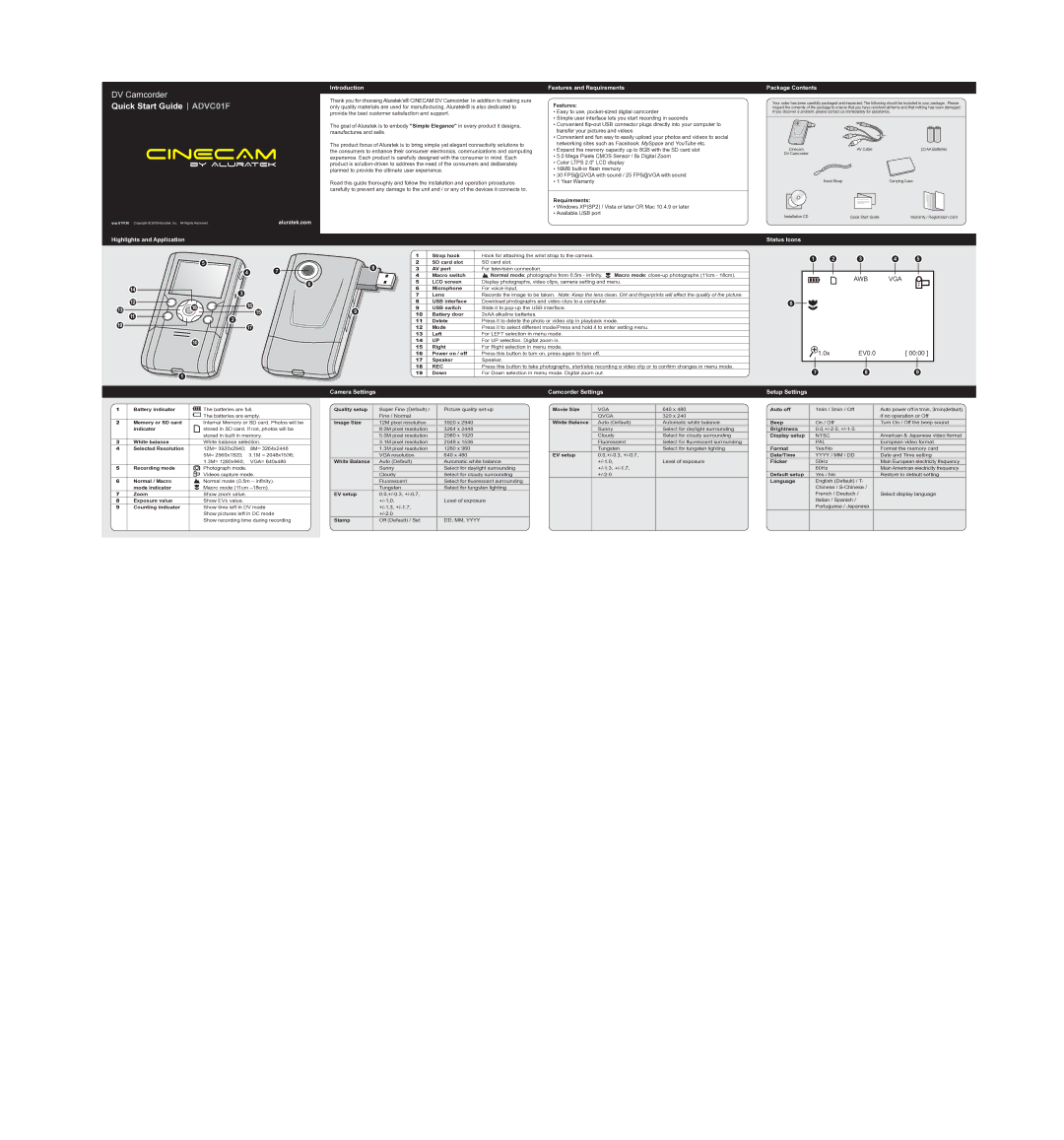 Aluratek ADVC01F warranty Highlights and Application Introduction, Features and Requirements, Package Contents 