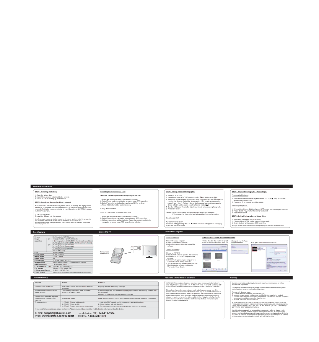 Aluratek ADVC01F Operating Instructions, Specifications, Connect to TV, Connect to Computer, Troubleshooting, Warranty 