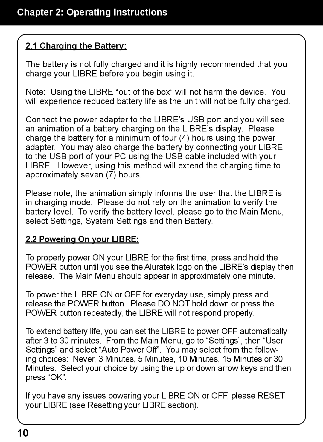 Aluratek AEBK01FS manual Operating Instructions, Charging the Battery, Powering On your Libre 