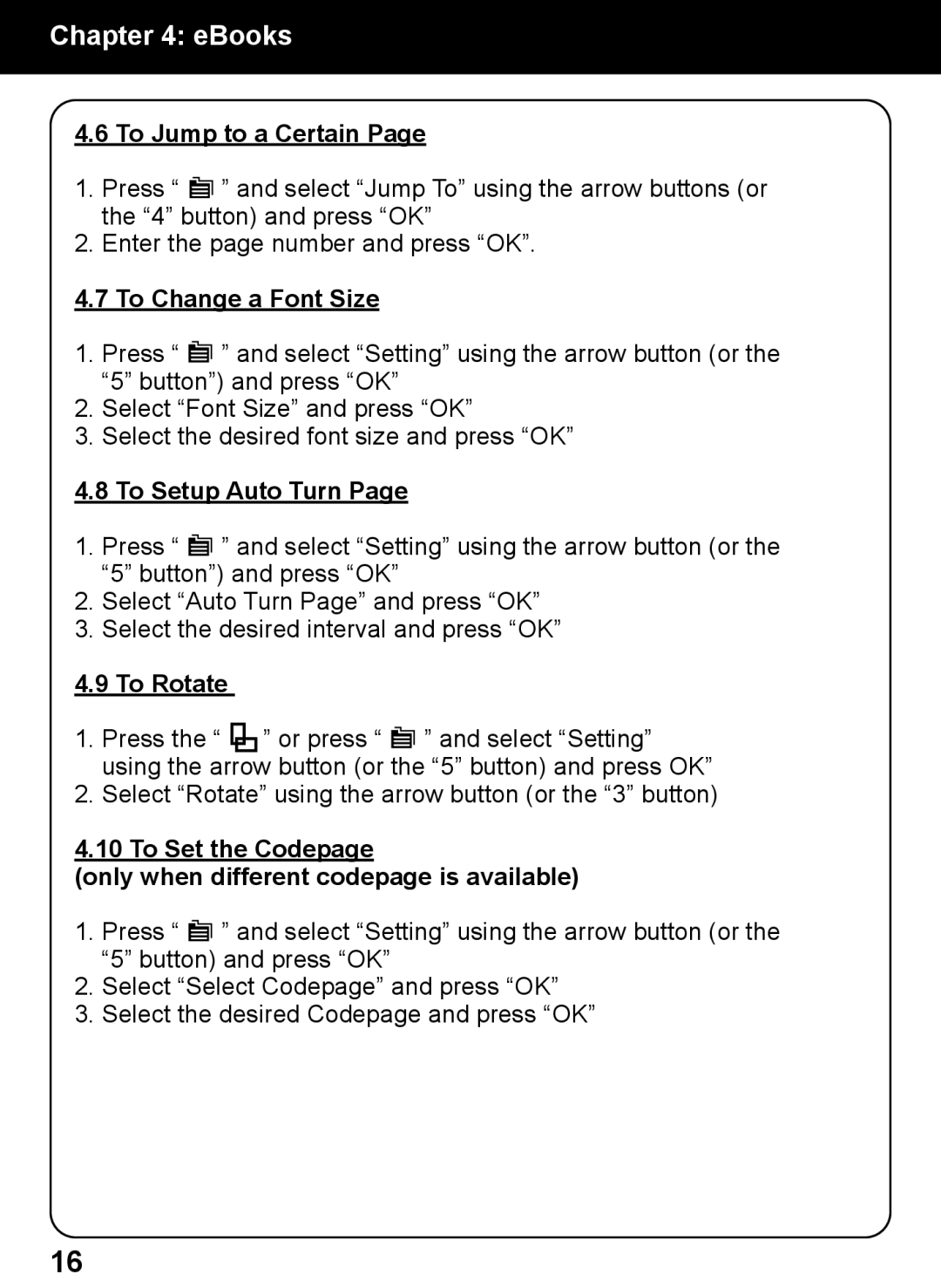 Aluratek AEBK01FS manual To Jump to a Certain, To Change a Font Size, To Setup Auto Turn, To Rotate 