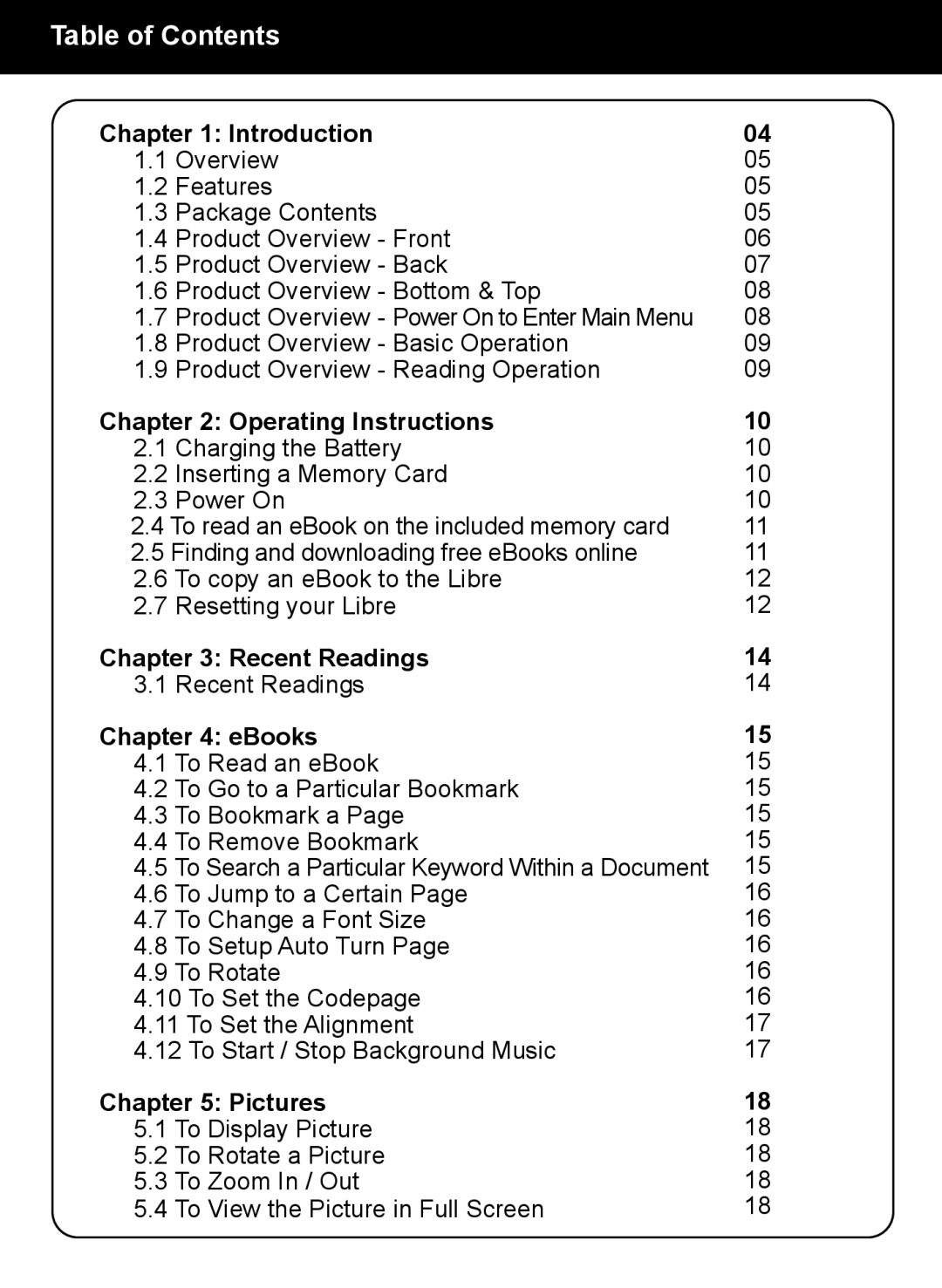 Aluratek AEBK01FS manual Table of Contents 