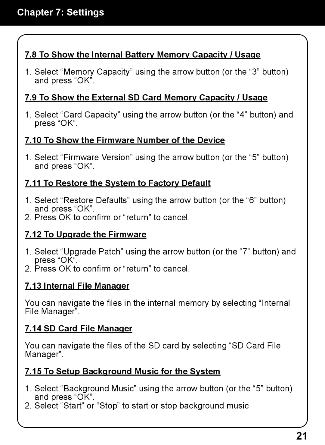 Aluratek AEBK01FS manual To Show the Internal Battery Memory Capacity / Usage, To Show the Firmware Number of the Device 