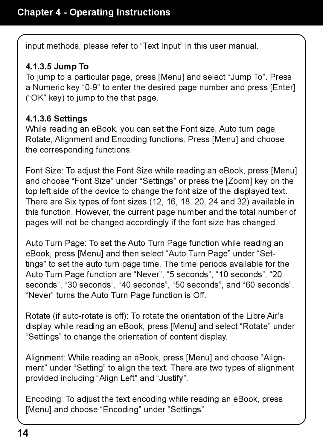 Aluratek AEBK02FB manual Jump To, Settings 