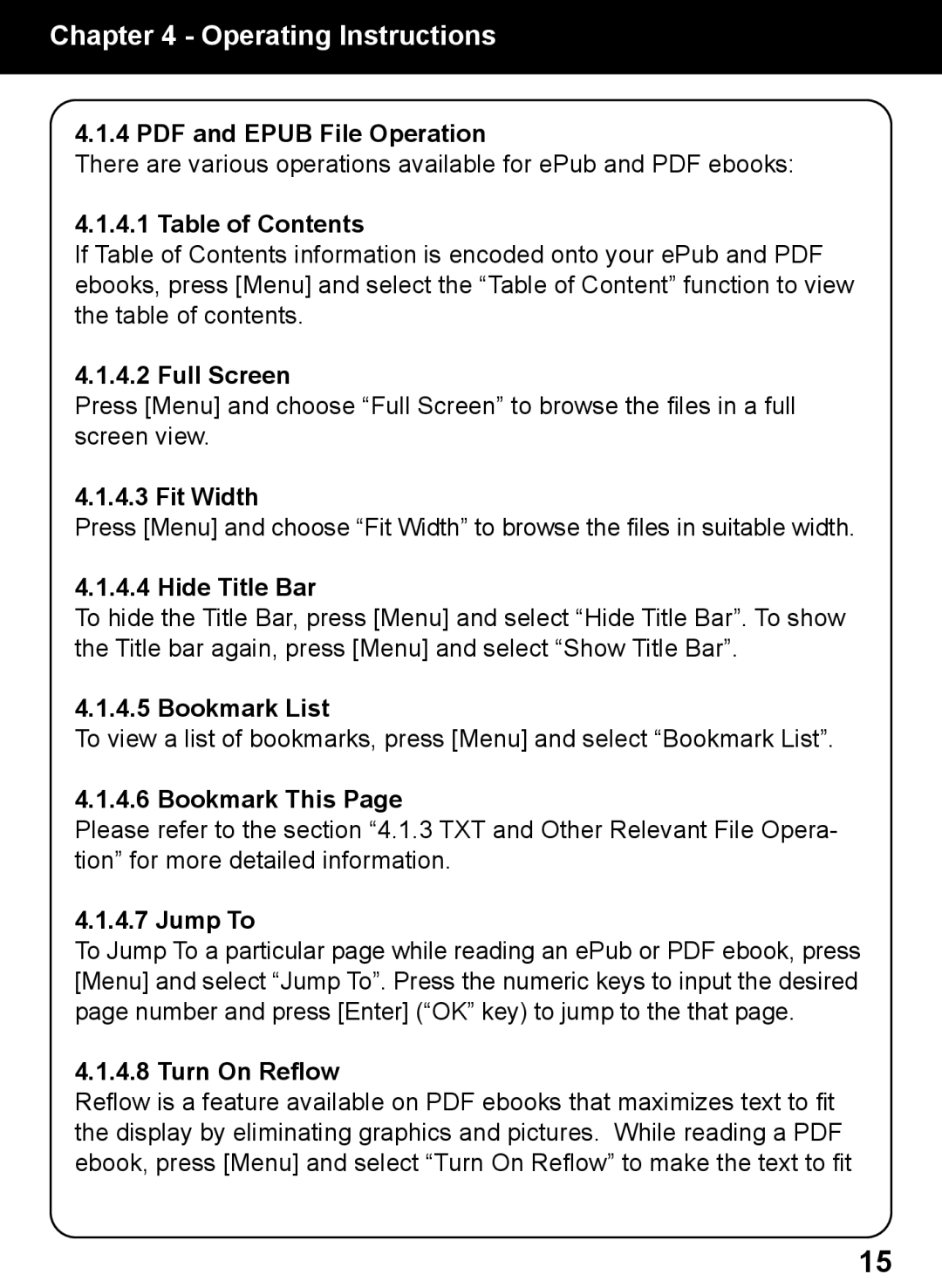 Aluratek AEBK02FB manual Table of Contents Full Screen, Fit Width, Hide Title Bar, Jump To Turn On Reflow 