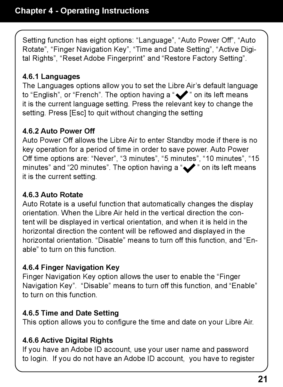 Aluratek AEBK02FB manual Languages, Auto Power Off, Auto Rotate, Finger Navigation Key, Time and Date Setting 