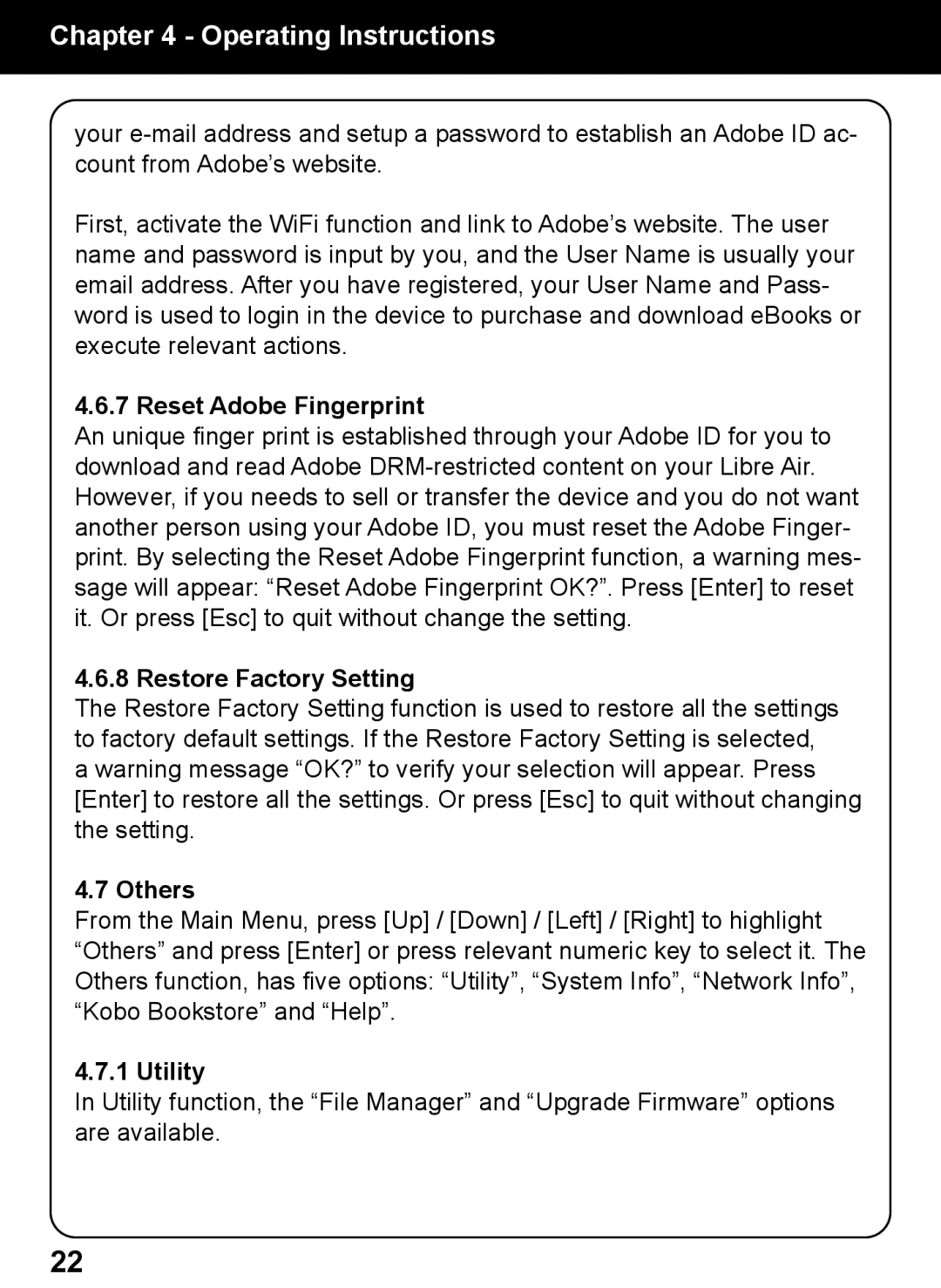 Aluratek AEBK02FB manual Reset Adobe Fingerprint, Restore Factory Setting, Others, Utility 