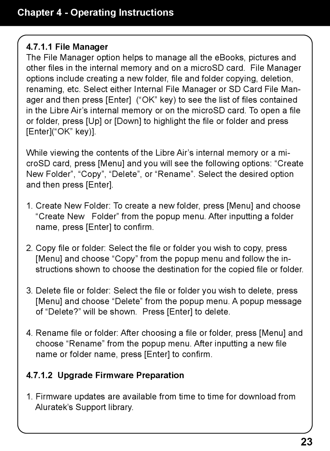 Aluratek AEBK02FB manual File Manager, Upgrade Firmware Preparation 