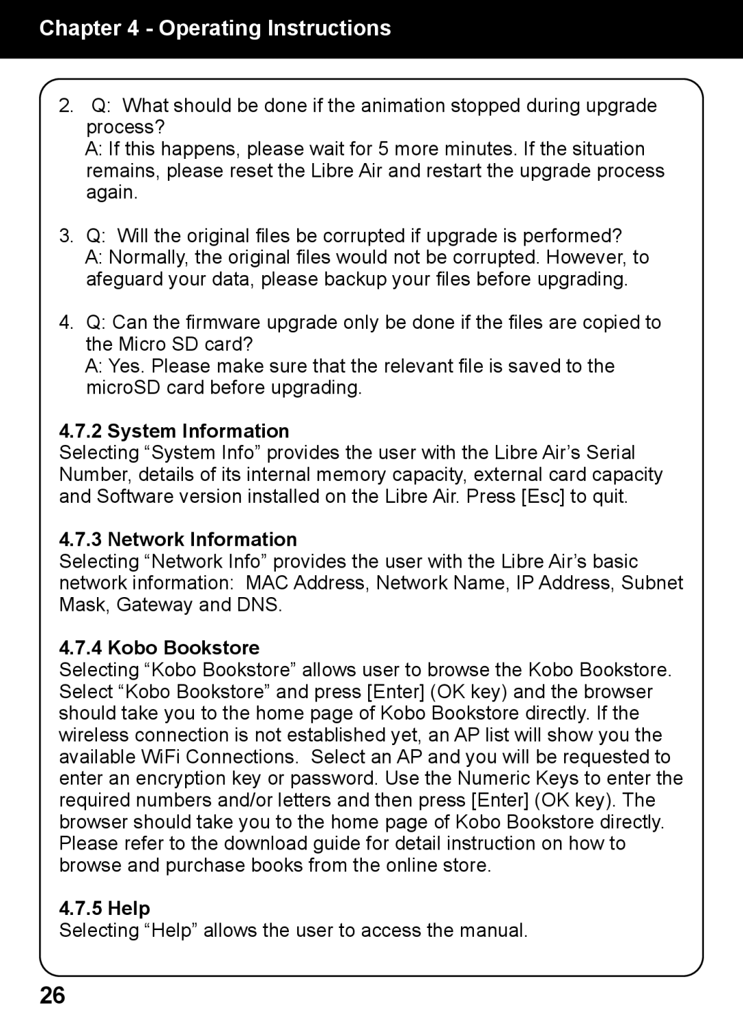 Aluratek AEBK02FB manual System Information, Network Information, Kobo Bookstore, Help 