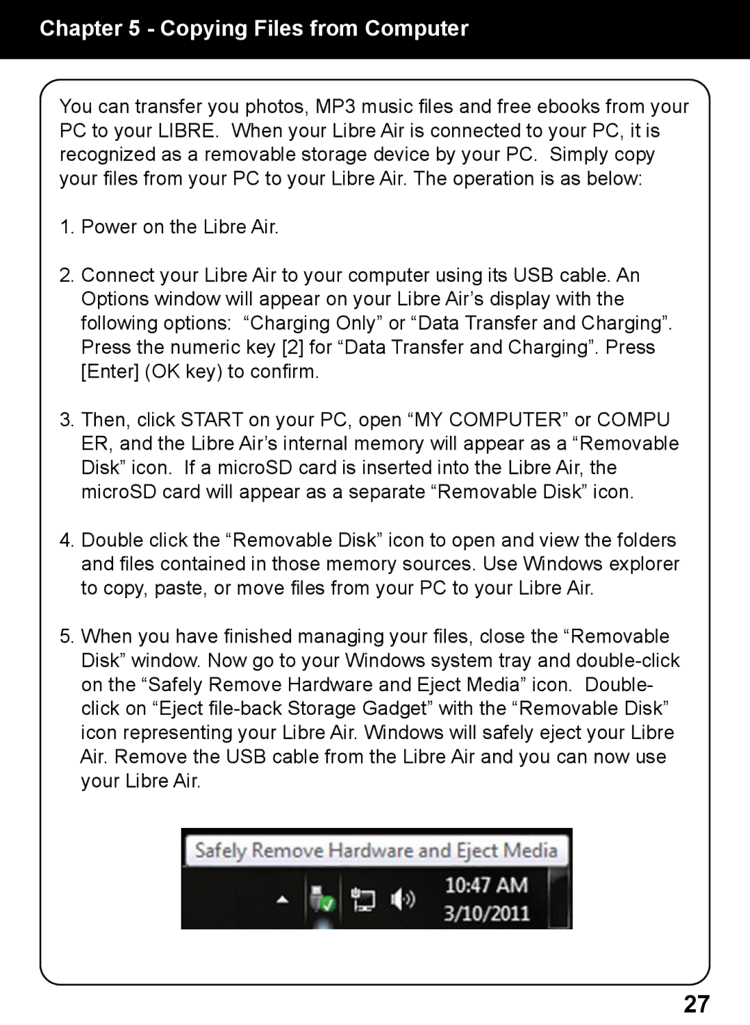 Aluratek AEBK02FB manual Copying Files from Computer, Enter OK key to confirm 