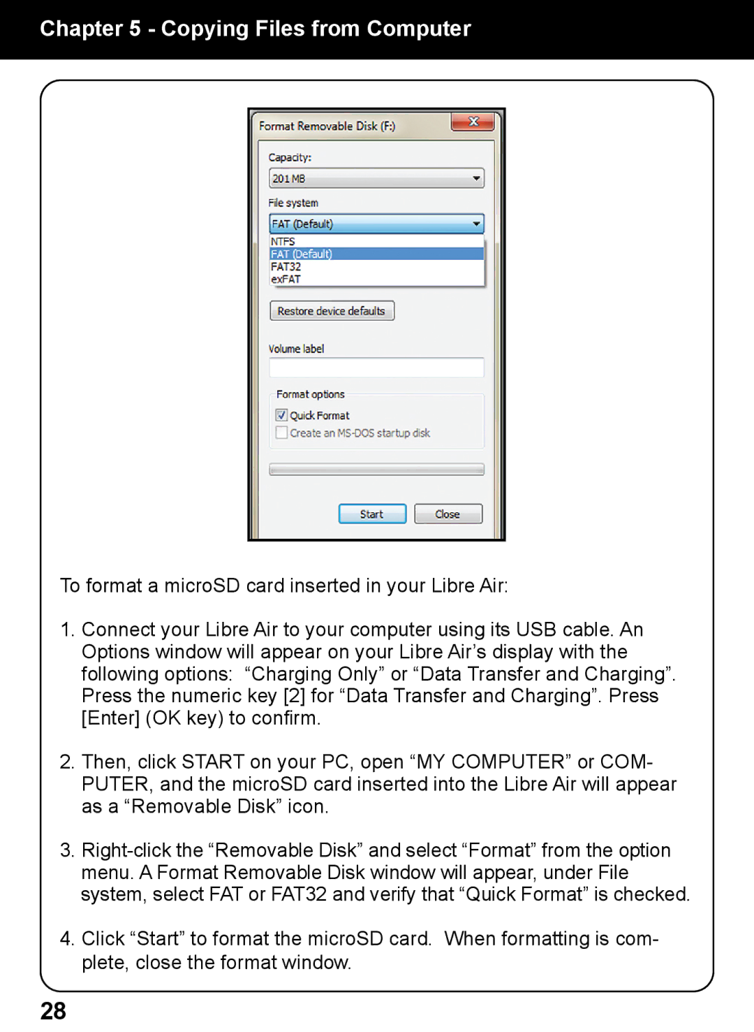 Aluratek AEBK02FB manual To format a microSD card inserted in your Libre Air 