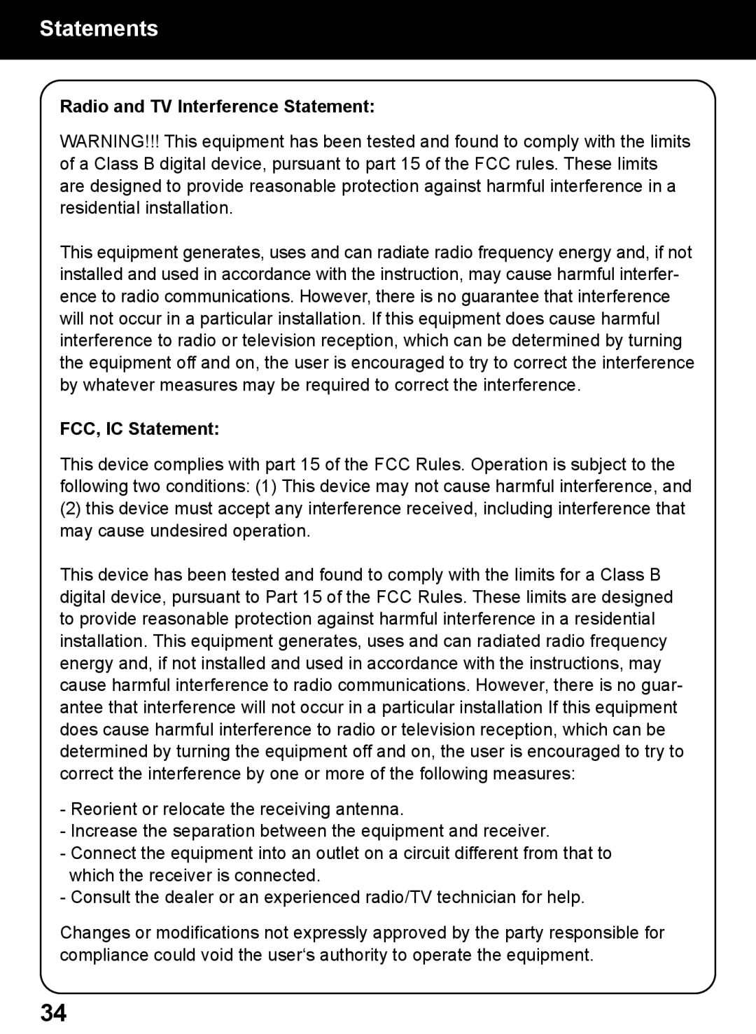 Aluratek AEBK02FB manual Statements, Radio and TV Interference Statement 