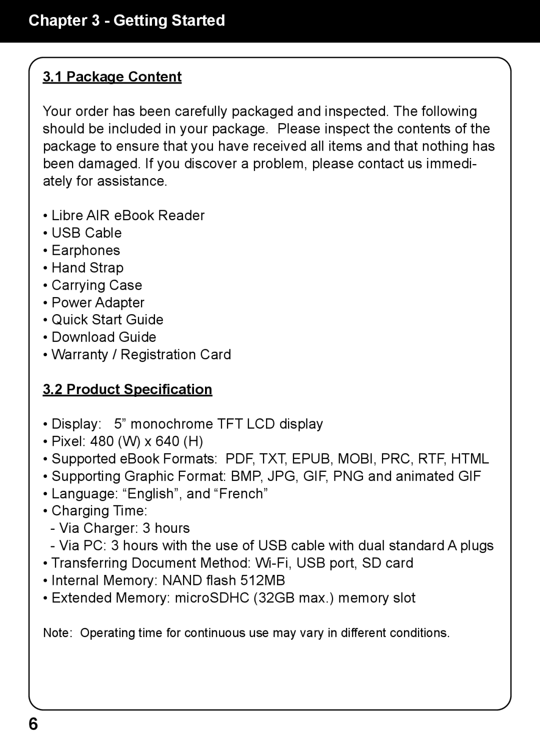 Aluratek AEBK02FB manual Getting Started, Package Content, Product Specification 