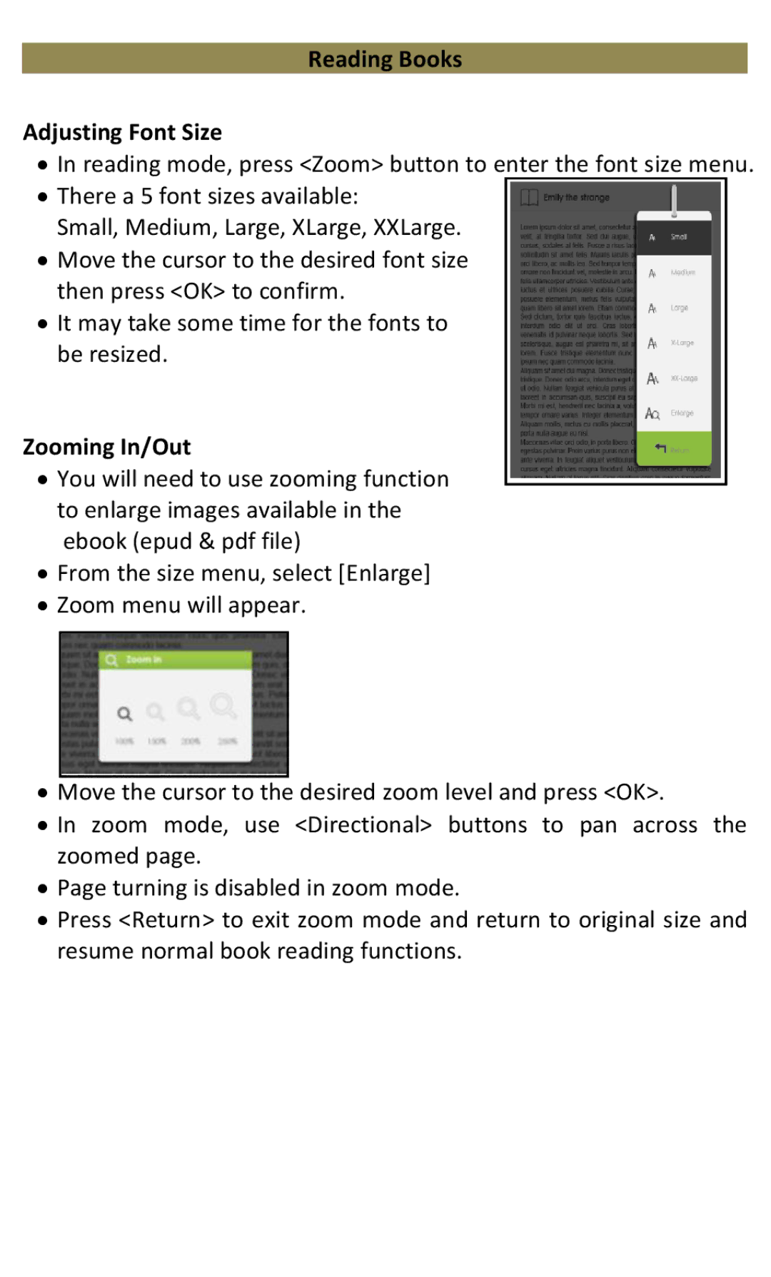 Aluratek AEBK07FS manual Reading Books Adjusting Font Size, Zooming In/Out 