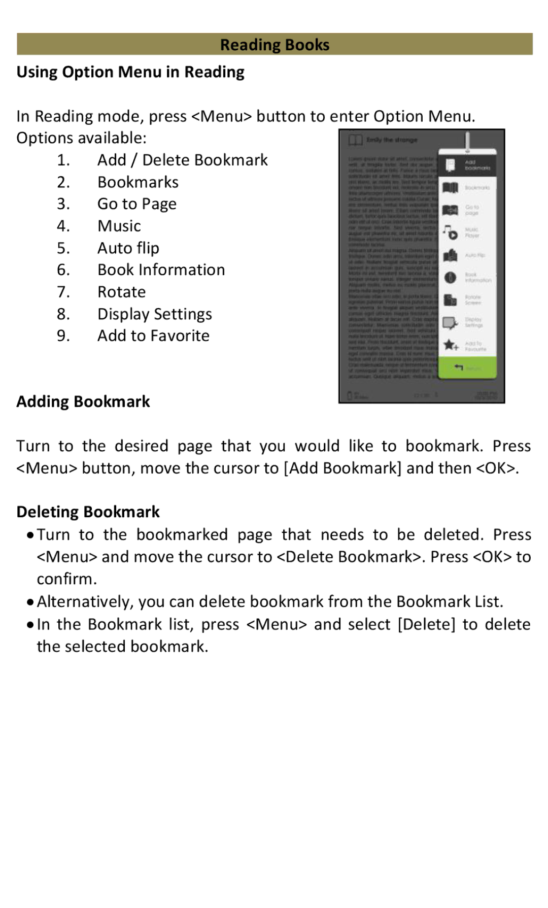 Aluratek AEBK07FS manual Reading Books Using Option Menu in Reading, Adding Bookmark, Deleting Bookmark 