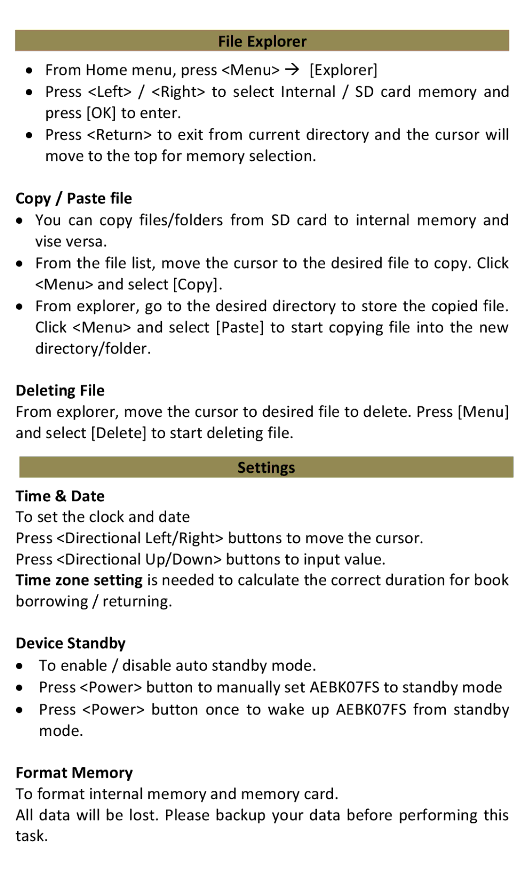 Aluratek AEBK07FS File Explorer, Copy / Paste file, Deleting File, Settings Time & Date, Device Standby, Format Memory 