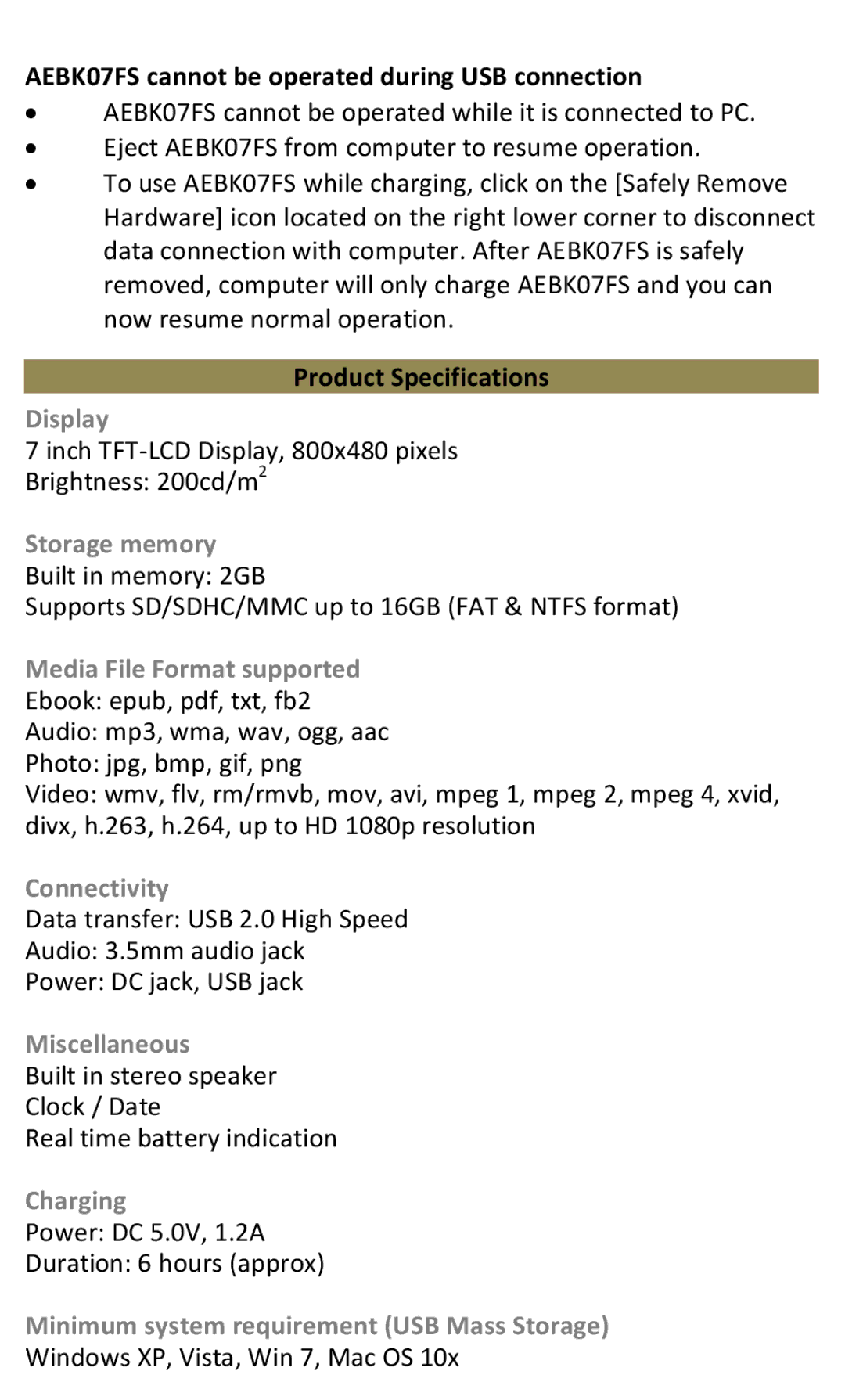 Aluratek manual AEBK07FS cannot be operated during USB connection, Product Specifications 