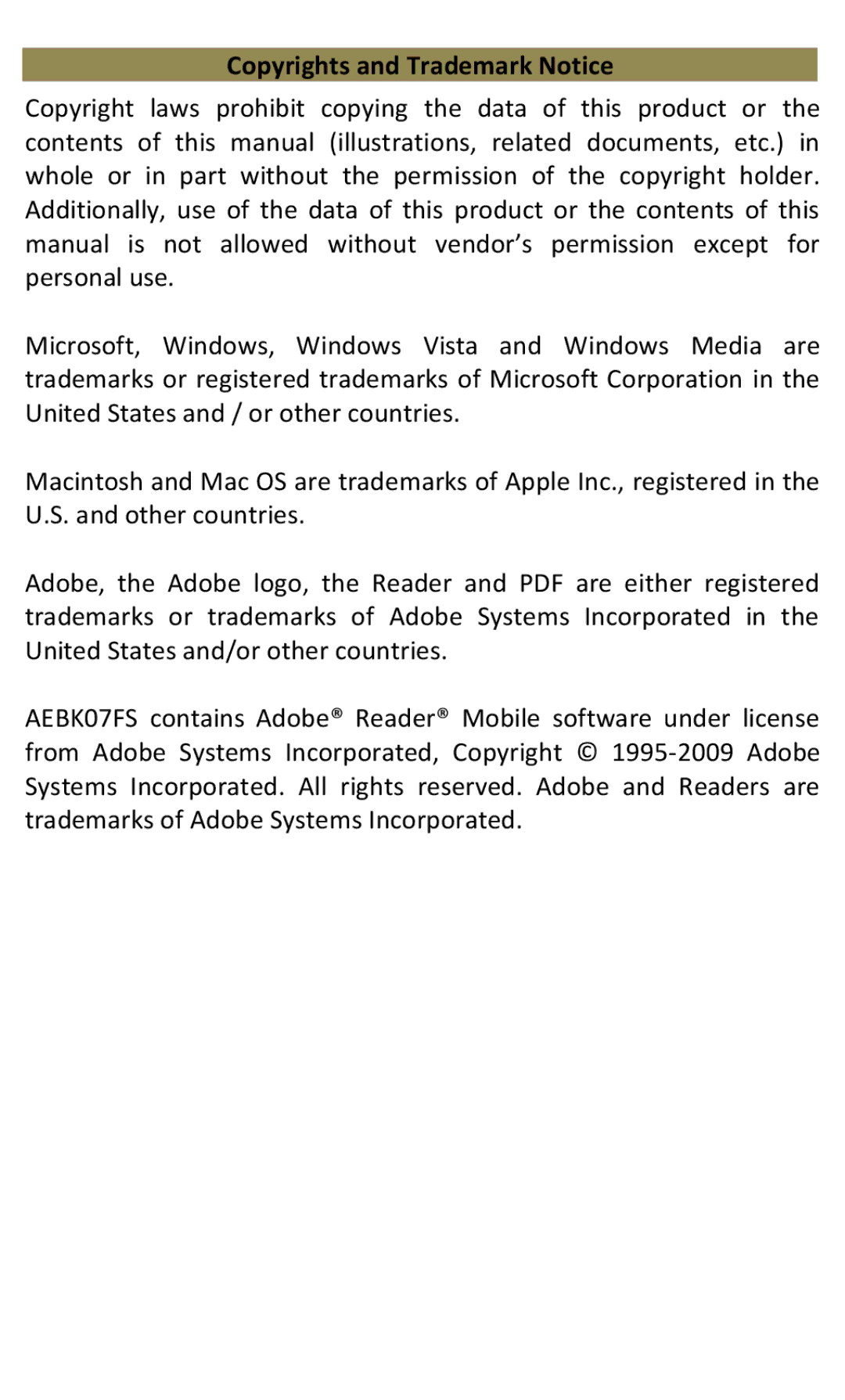 Aluratek AEBK07FS manual Copyrights and Trademark Notice 