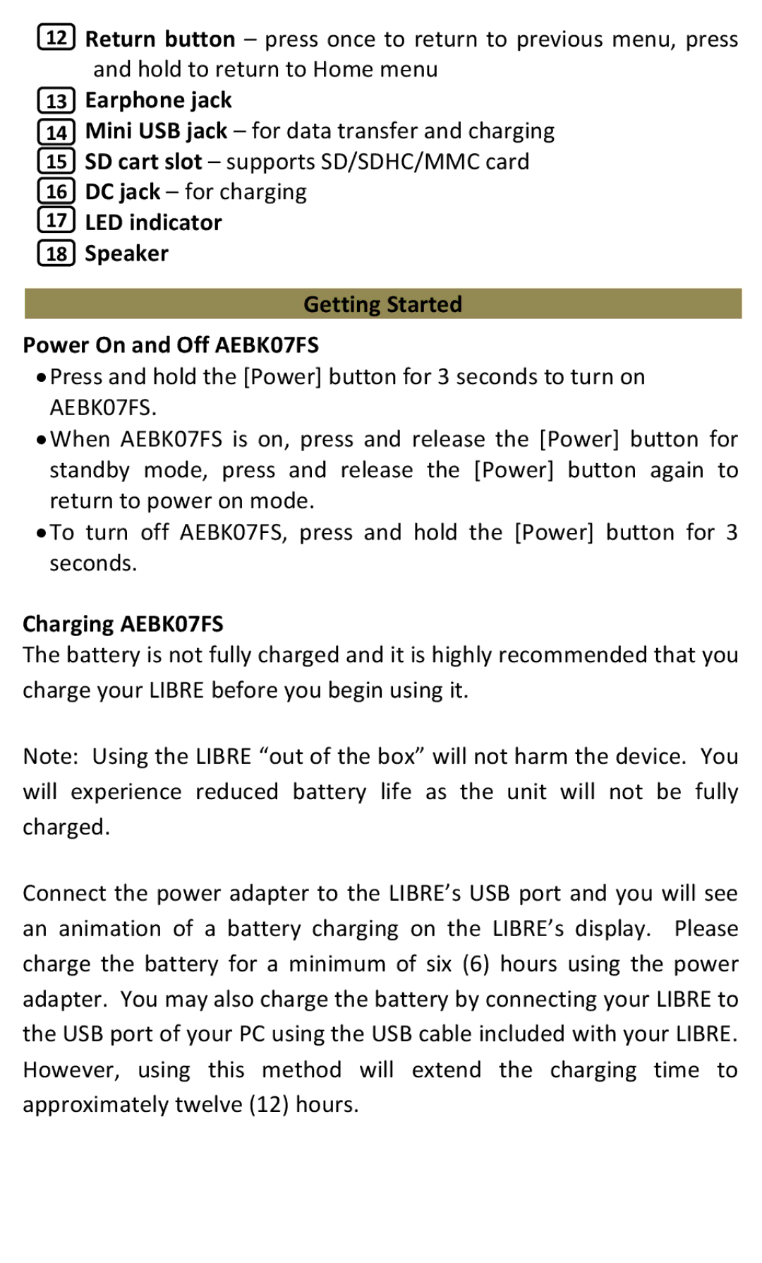 Aluratek manual Earphone jack, Charging AEBK07FS 