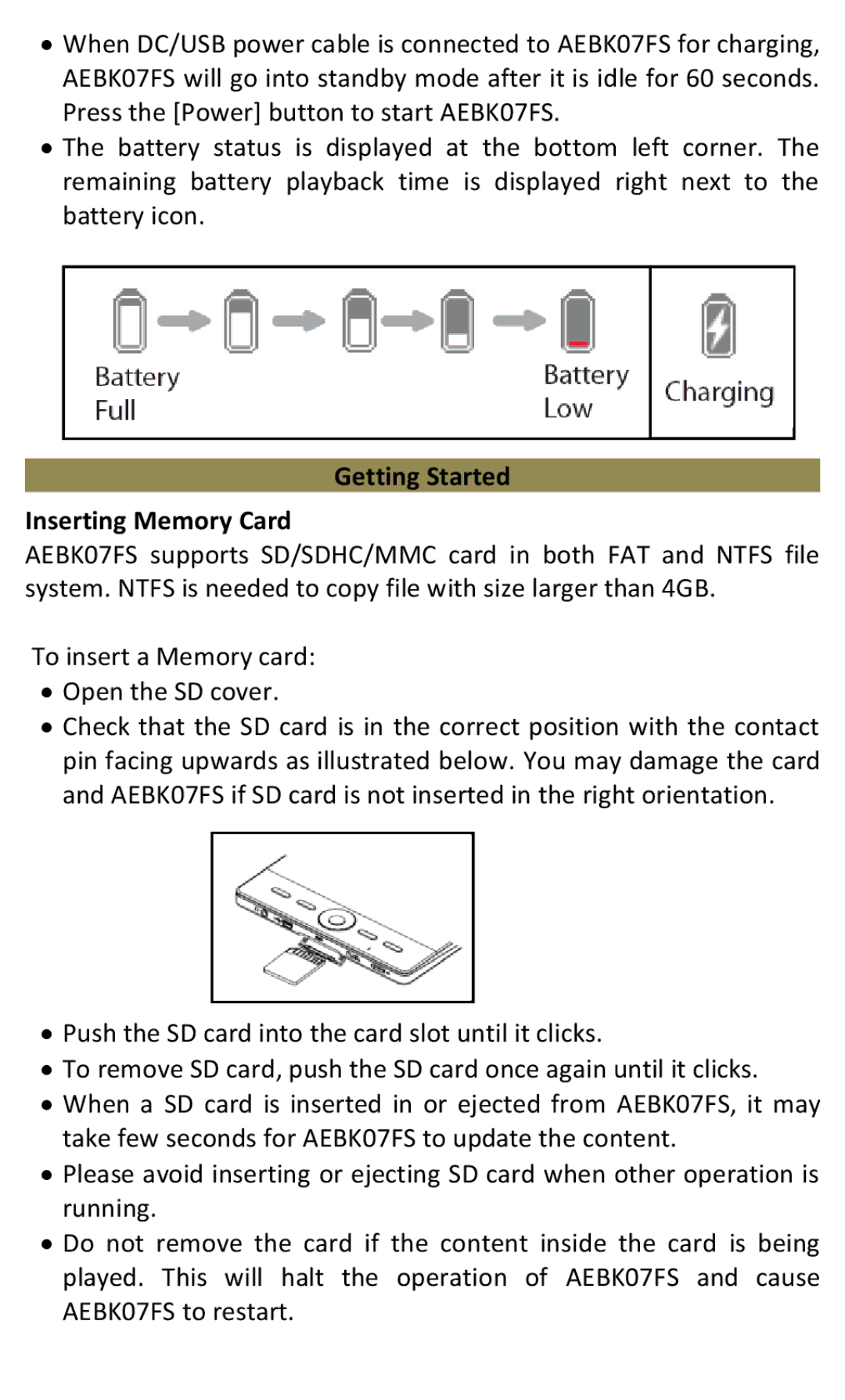 Aluratek AEBK07FS manual Getting Started Inserting Memory Card 