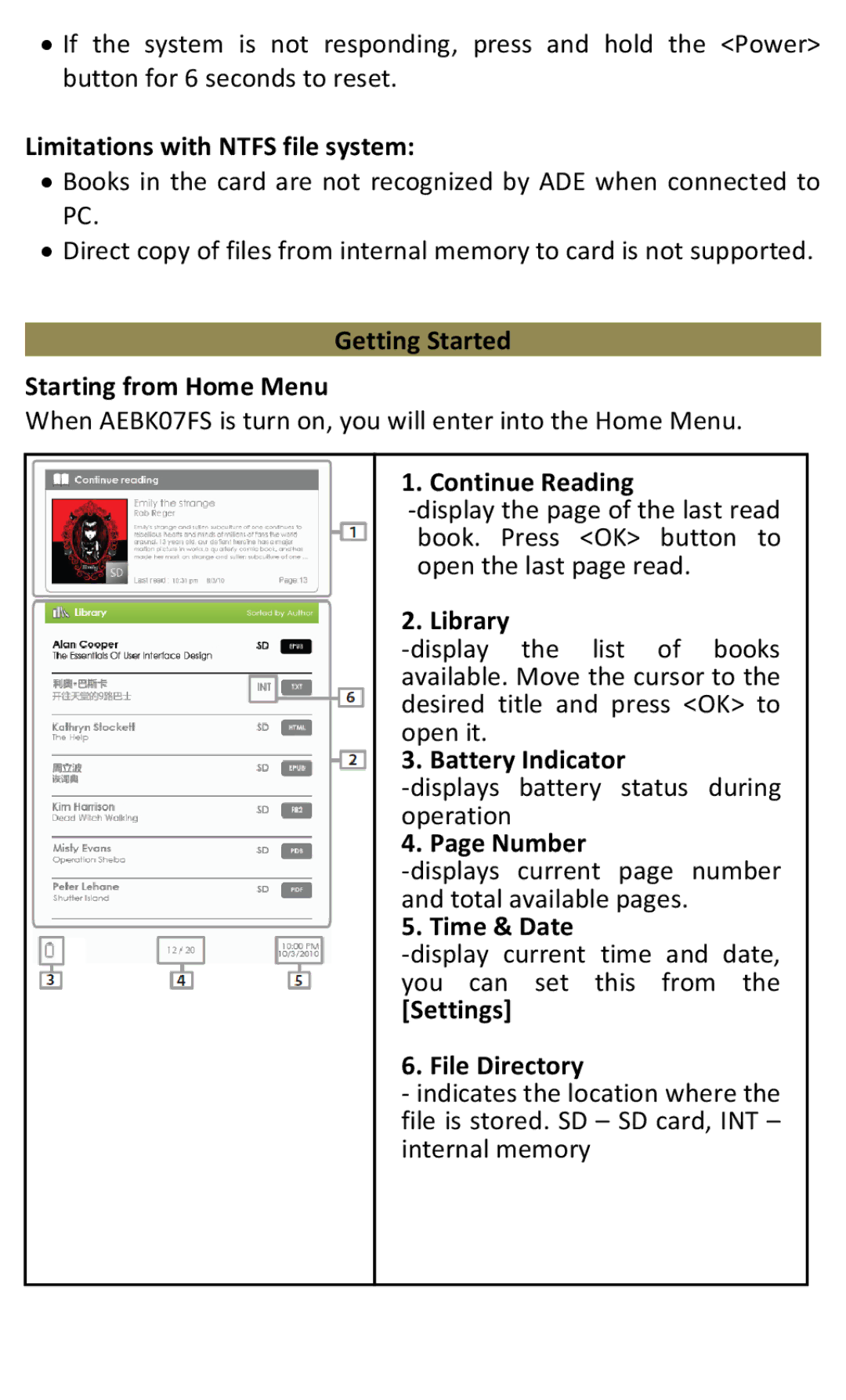 Aluratek AEBK07FS Limitations with Ntfs file system, Getting Started Starting from Home Menu, Continue Reading, Library 