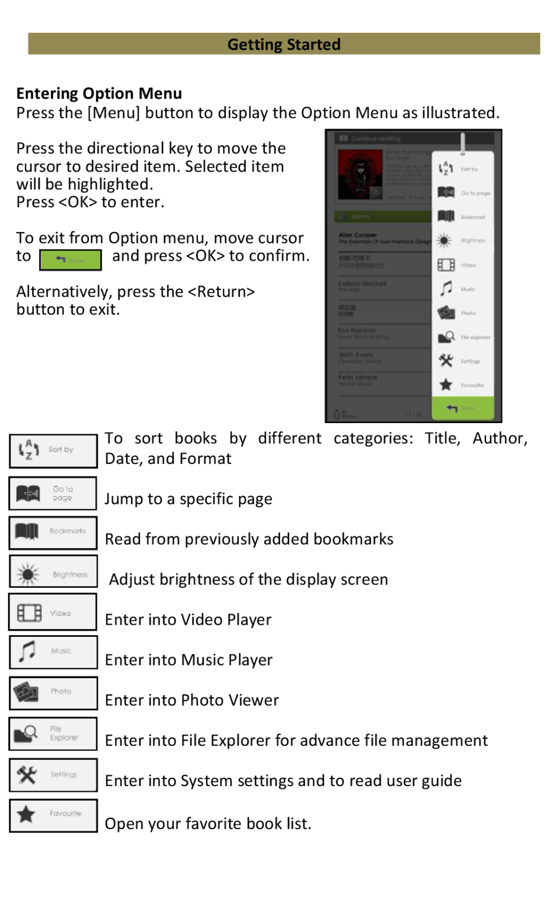 Aluratek AEBK07FS manual Getting Started Entering Option Menu 