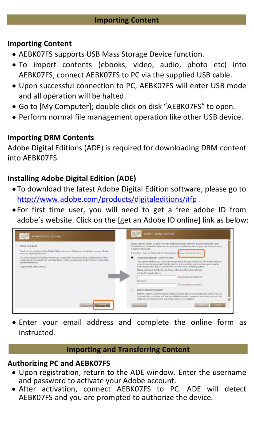 Aluratek AEBK07FS manual Importing Content, Importing DRM Contents, Installing Adobe Digital Edition ADE 