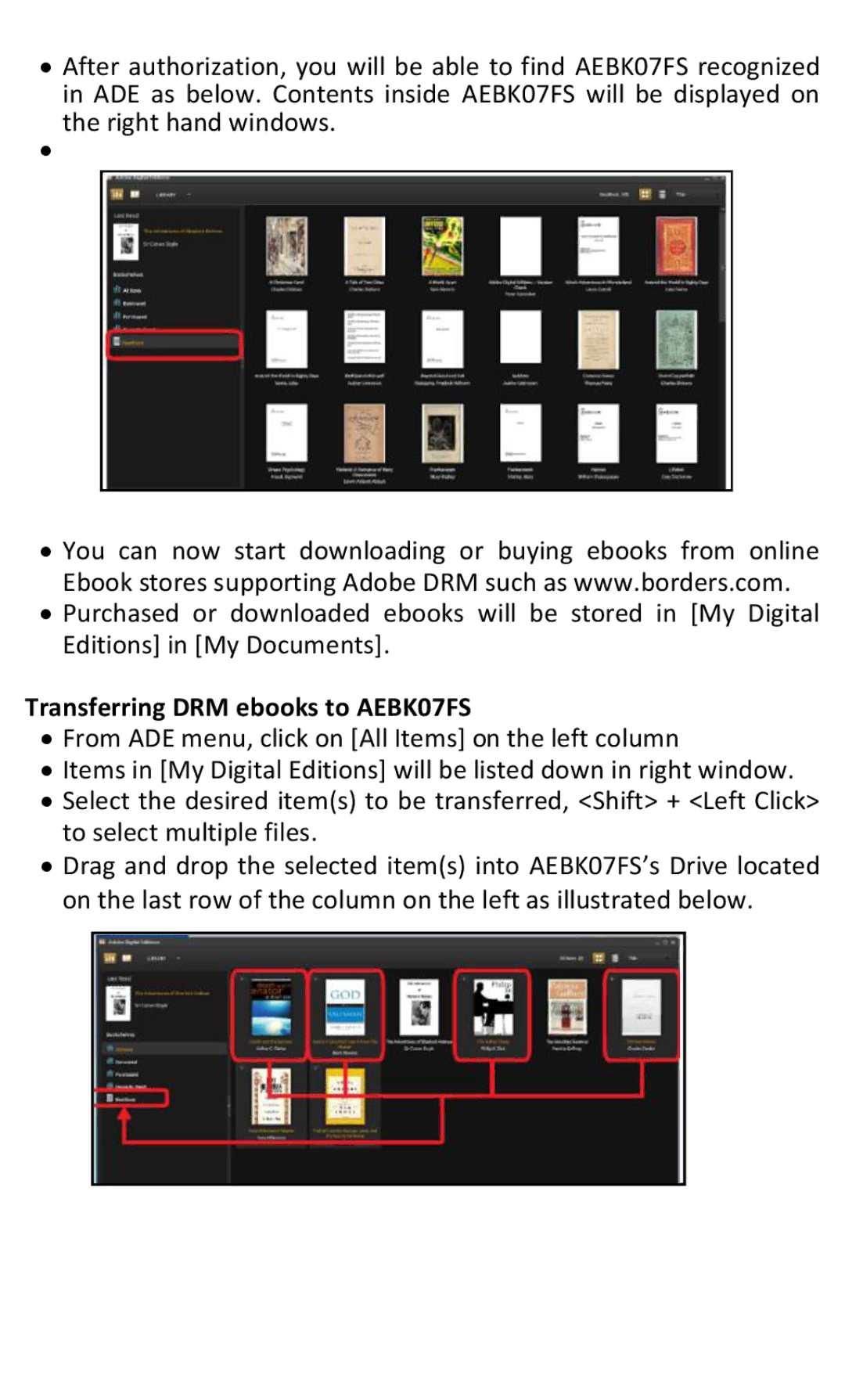 Aluratek manual Transferring DRM ebooks to AEBK07FS 