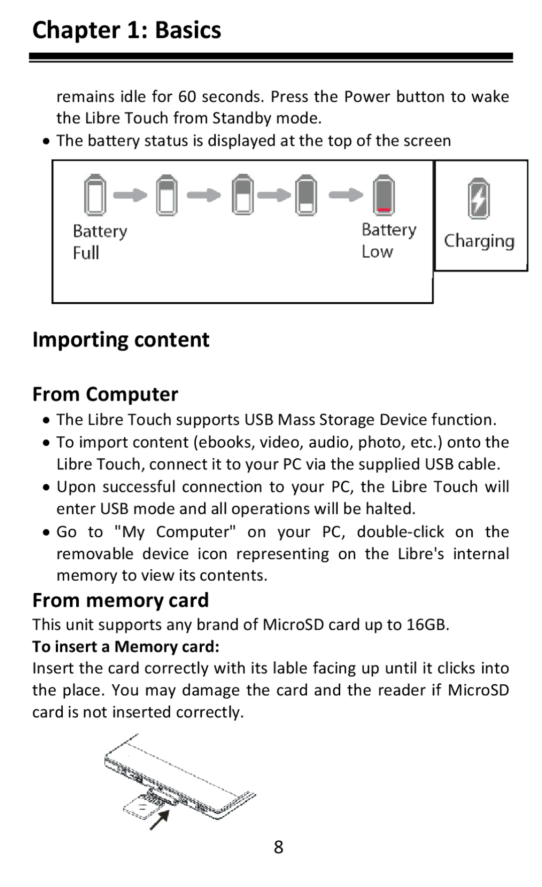 Aluratek AEBK08FB manual Importing content, To insert a Memory card 