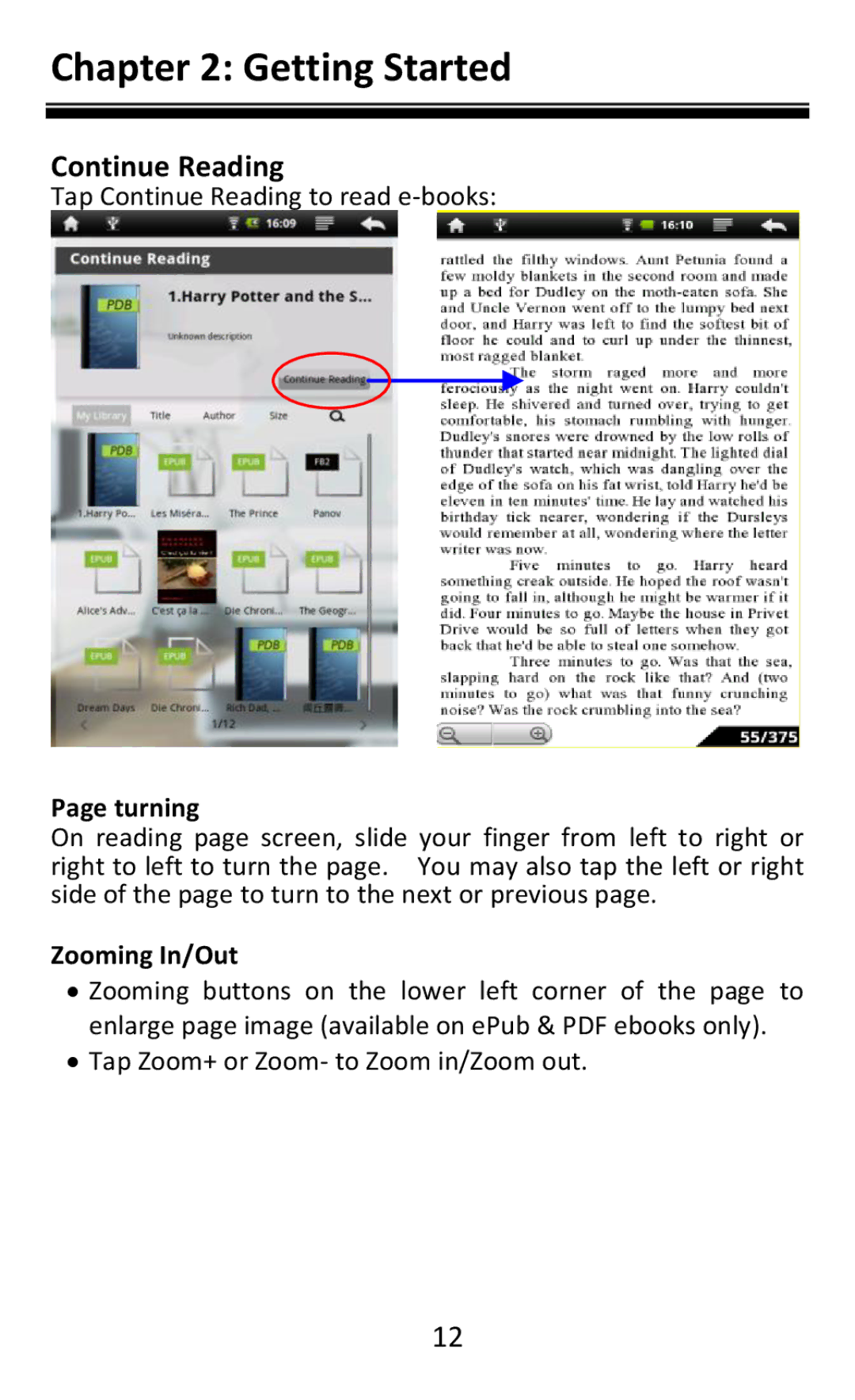 Aluratek AEBK08FB manual Continue Reading, Turning, Zooming In/Out 