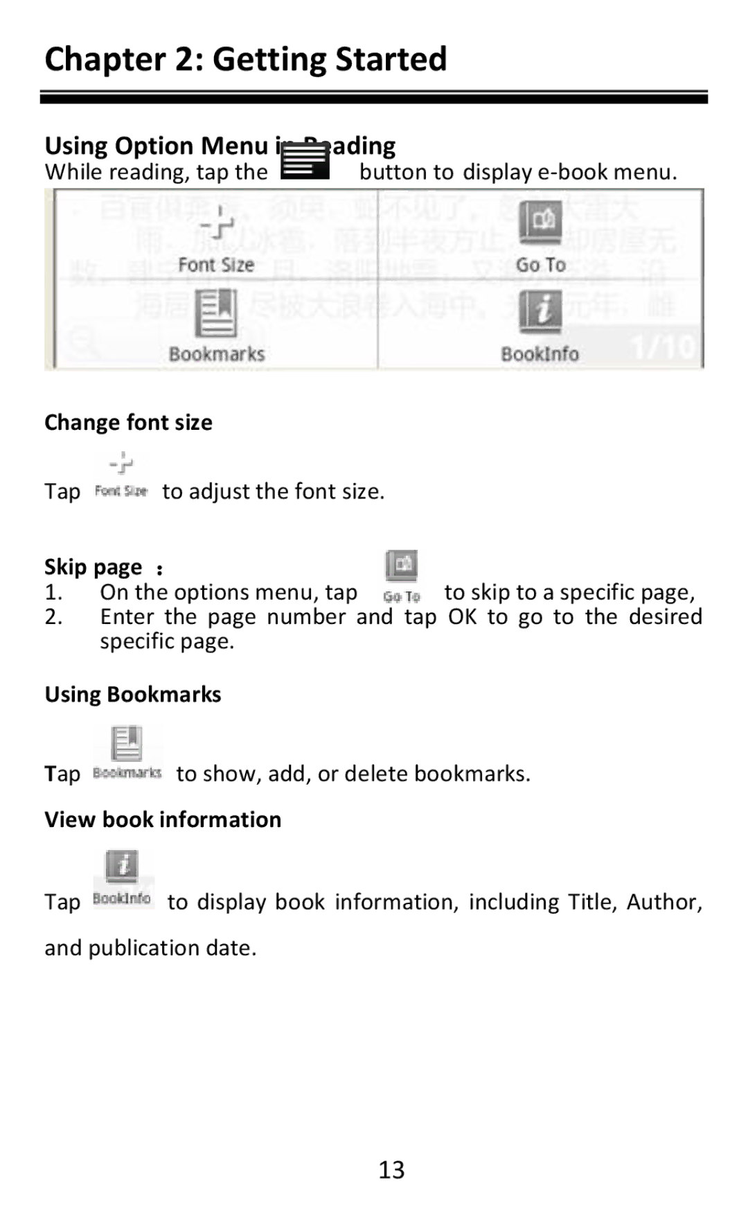 Aluratek AEBK08FB Using Option Menu in Reading, Change font size, Skip page ：, Using Bookmarks, View book information 