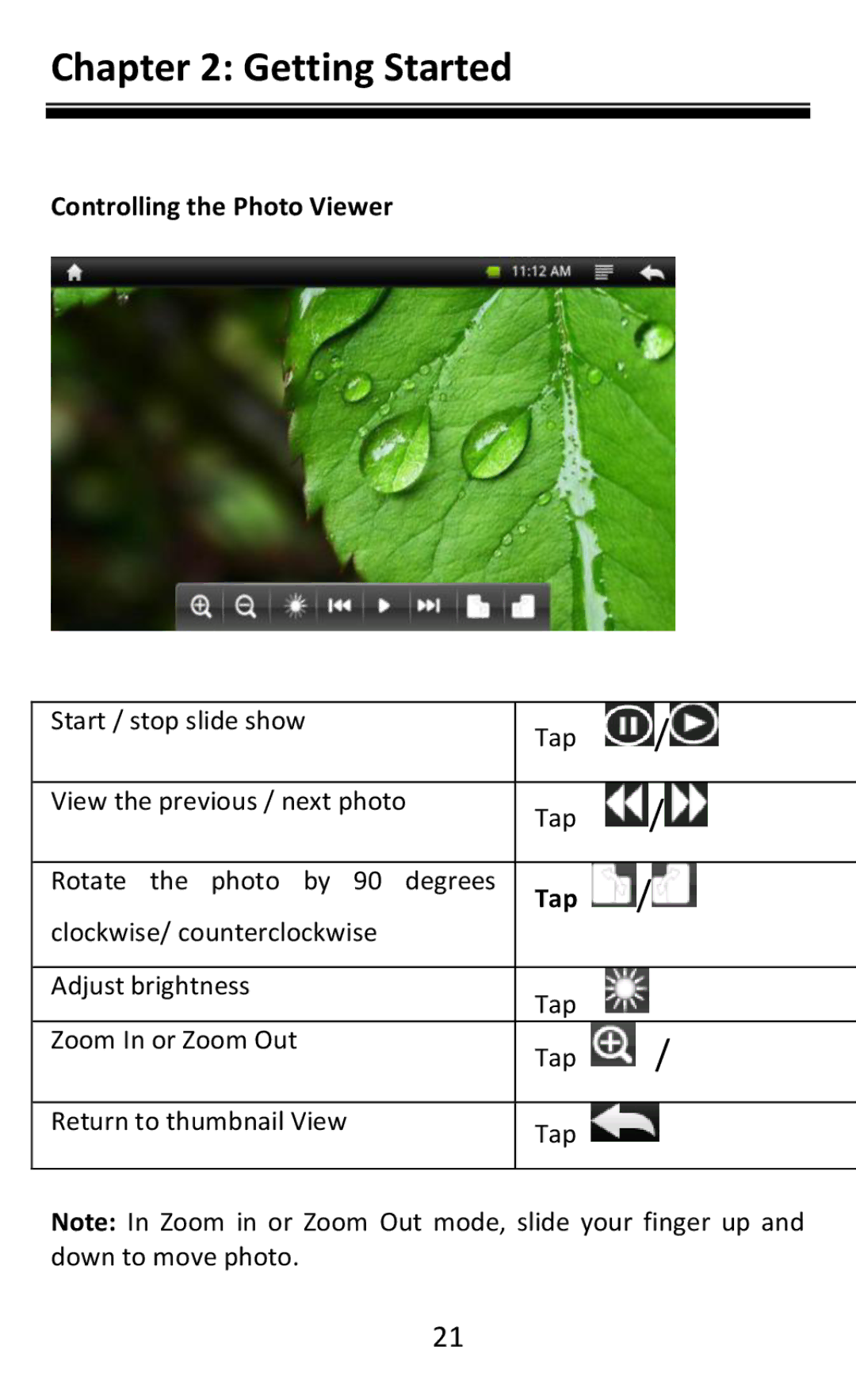 Aluratek AEBK08FB manual Controlling the Photo Viewer, Tap 