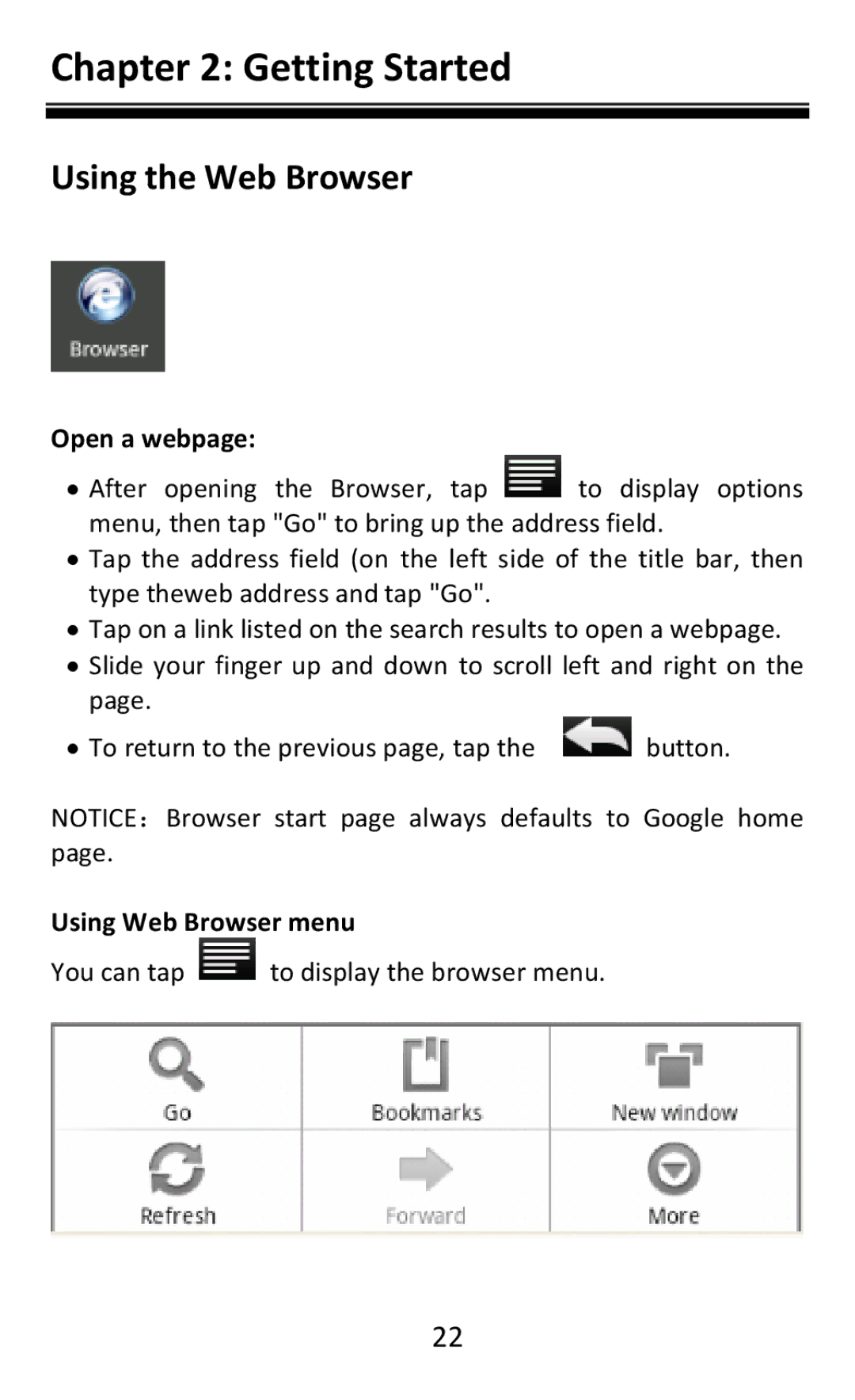 Aluratek AEBK08FB manual Using the Web Browser, Open a webpage, Using Web Browser menu 