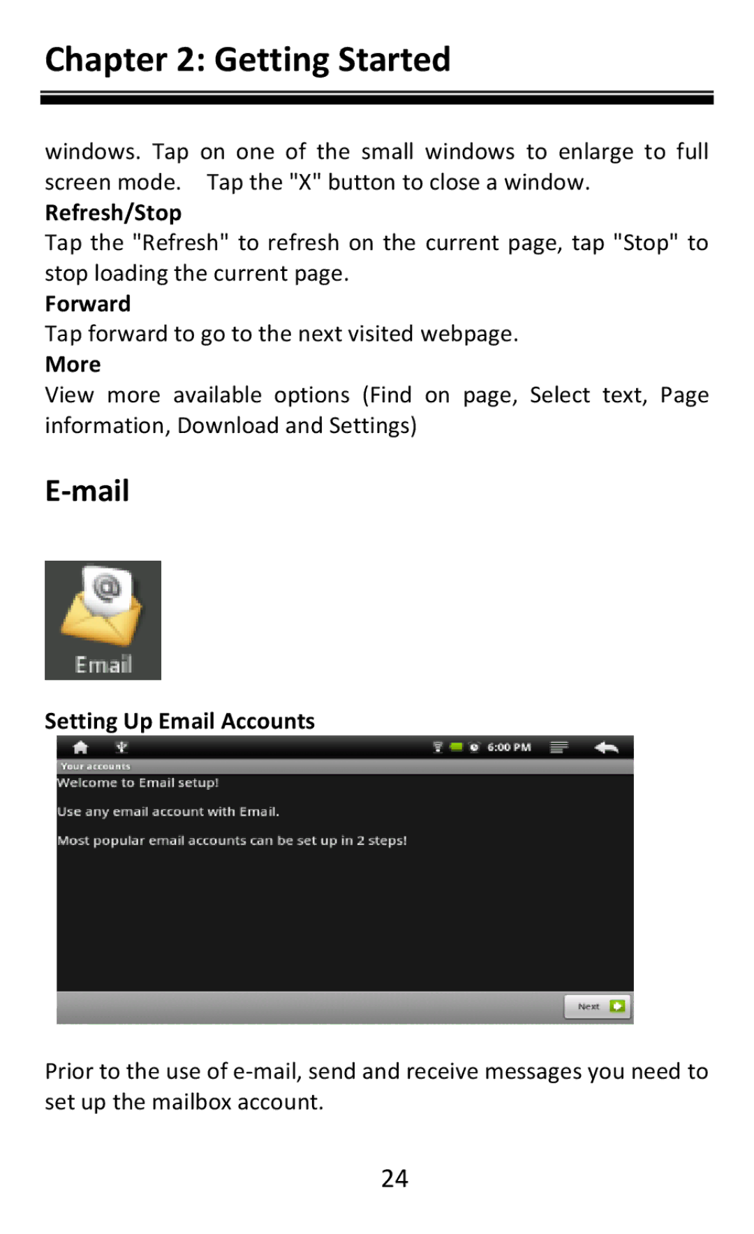 Aluratek AEBK08FB manual Mail, Refresh/Stop, Forward, More, Setting Up Email Accounts 