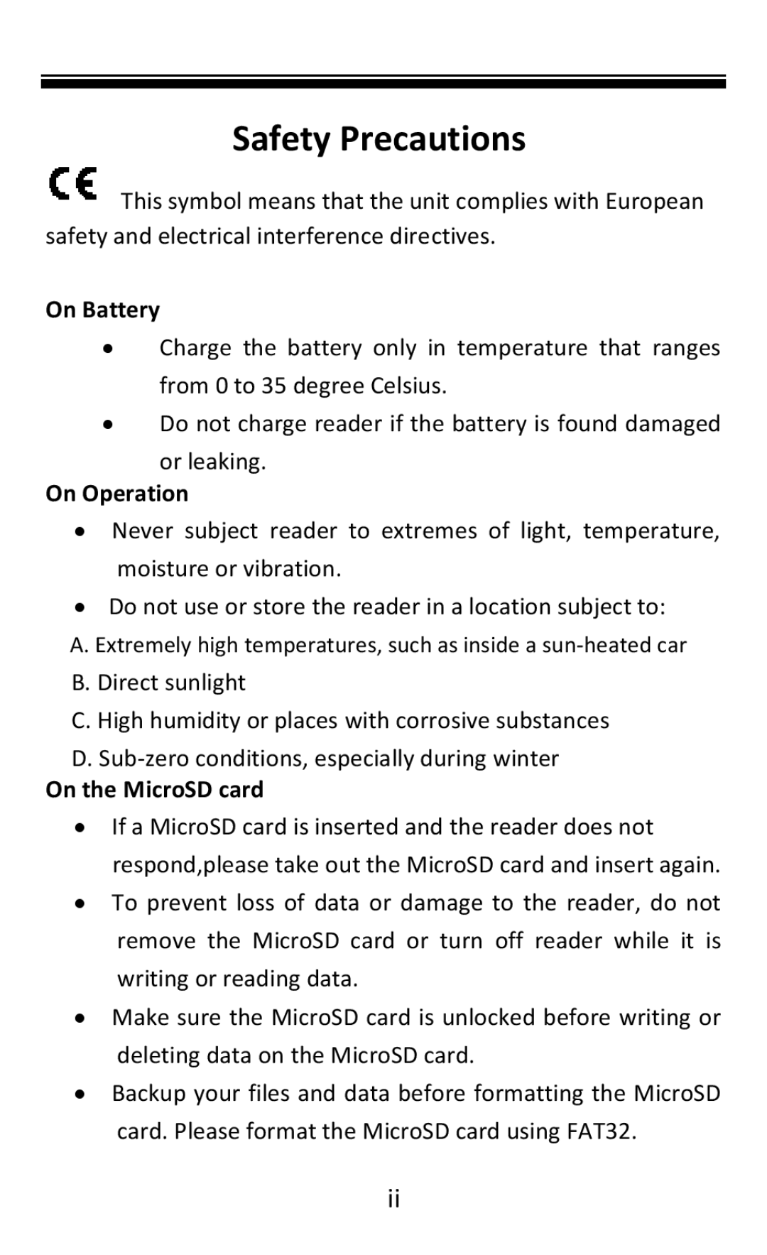 Aluratek AEBK08FB manual Safety Precautions, On Battery, On Operation, On the MicroSD card 