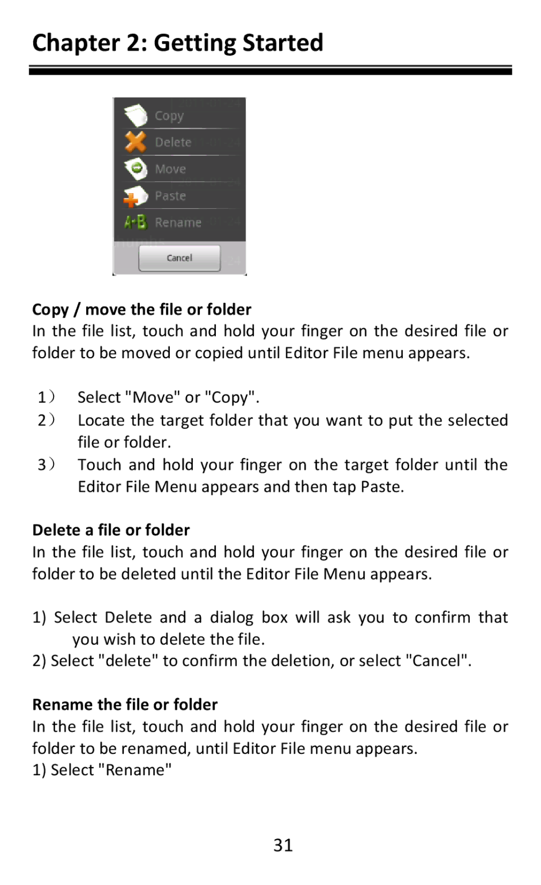 Aluratek AEBK08FB manual Copy / move the file or folder, Delete a file or folder, Rename the file or folder 