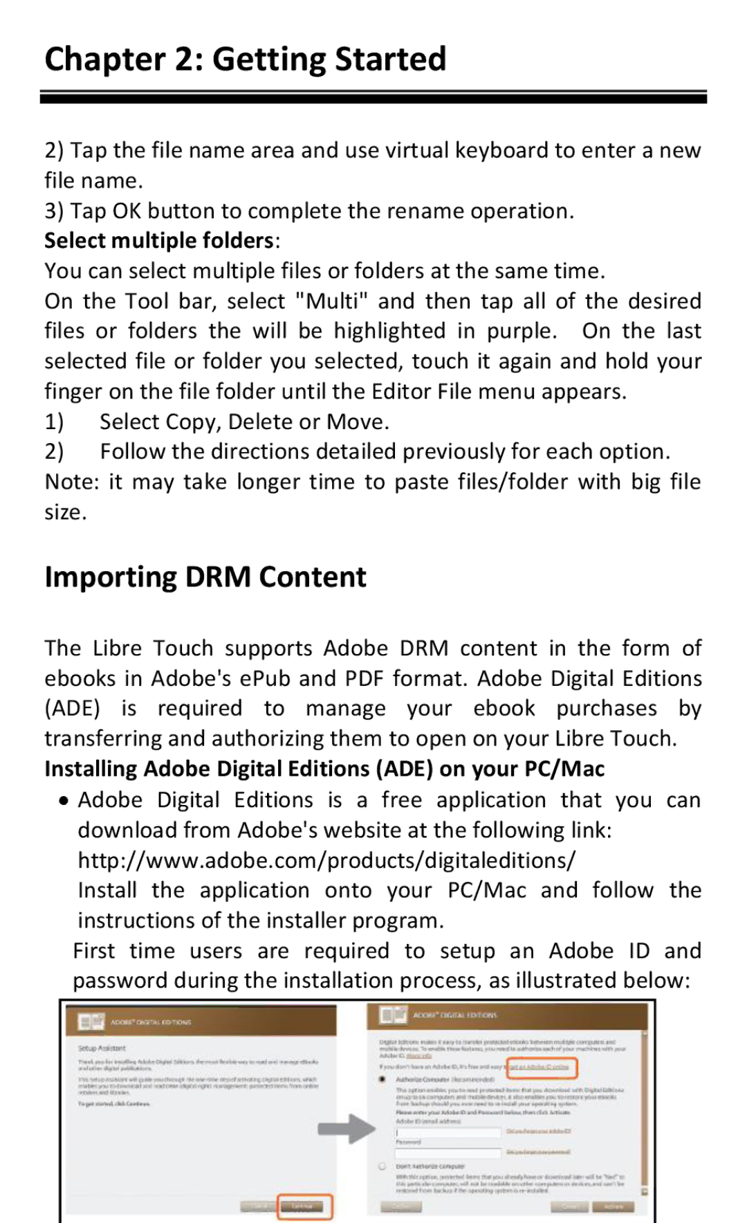 Aluratek AEBK08FB Importing DRM Content, Select multiple folders, Installing Adobe Digital Editions ADE on your PC/Mac 