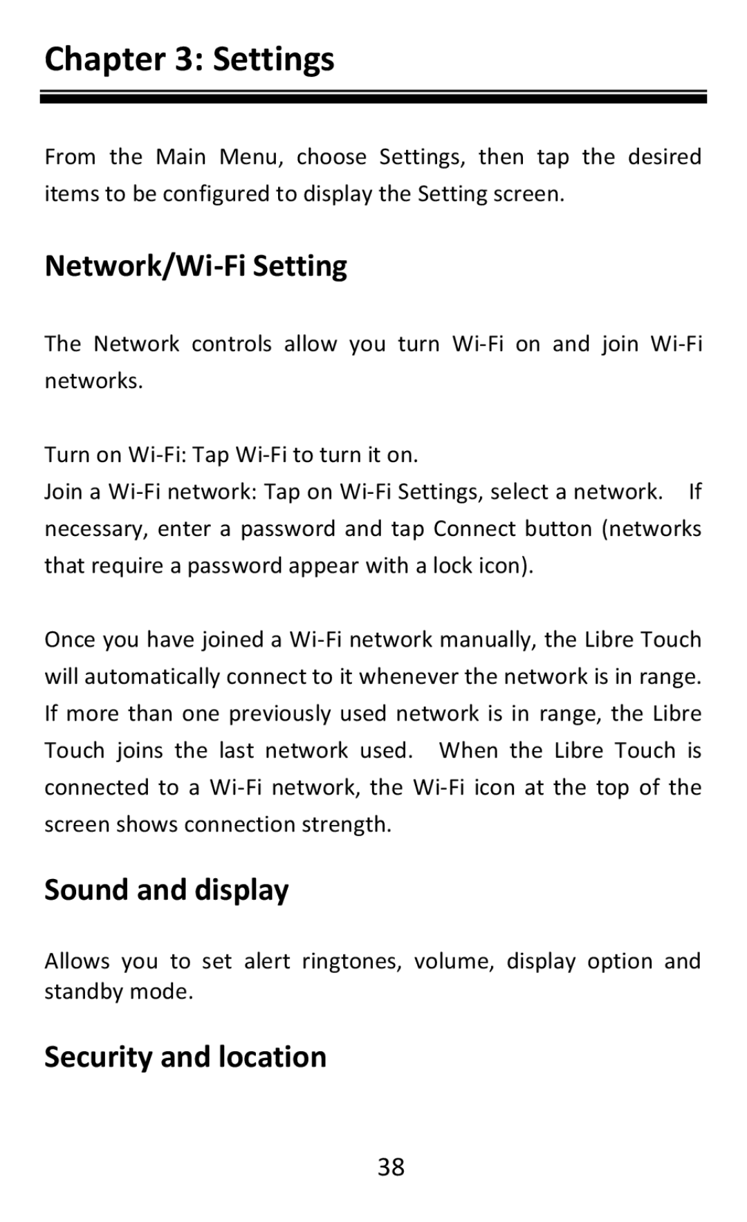 Aluratek AEBK08FB manual Network/Wi-Fi Setting, Sound and display, Security and location 