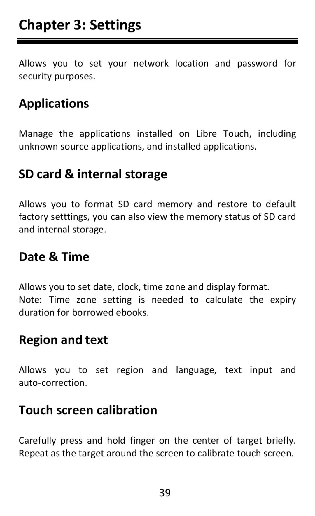 Aluratek AEBK08FB manual Applications, SD card & internal storage, Date & Time, Region and text, Touch screen calibration 