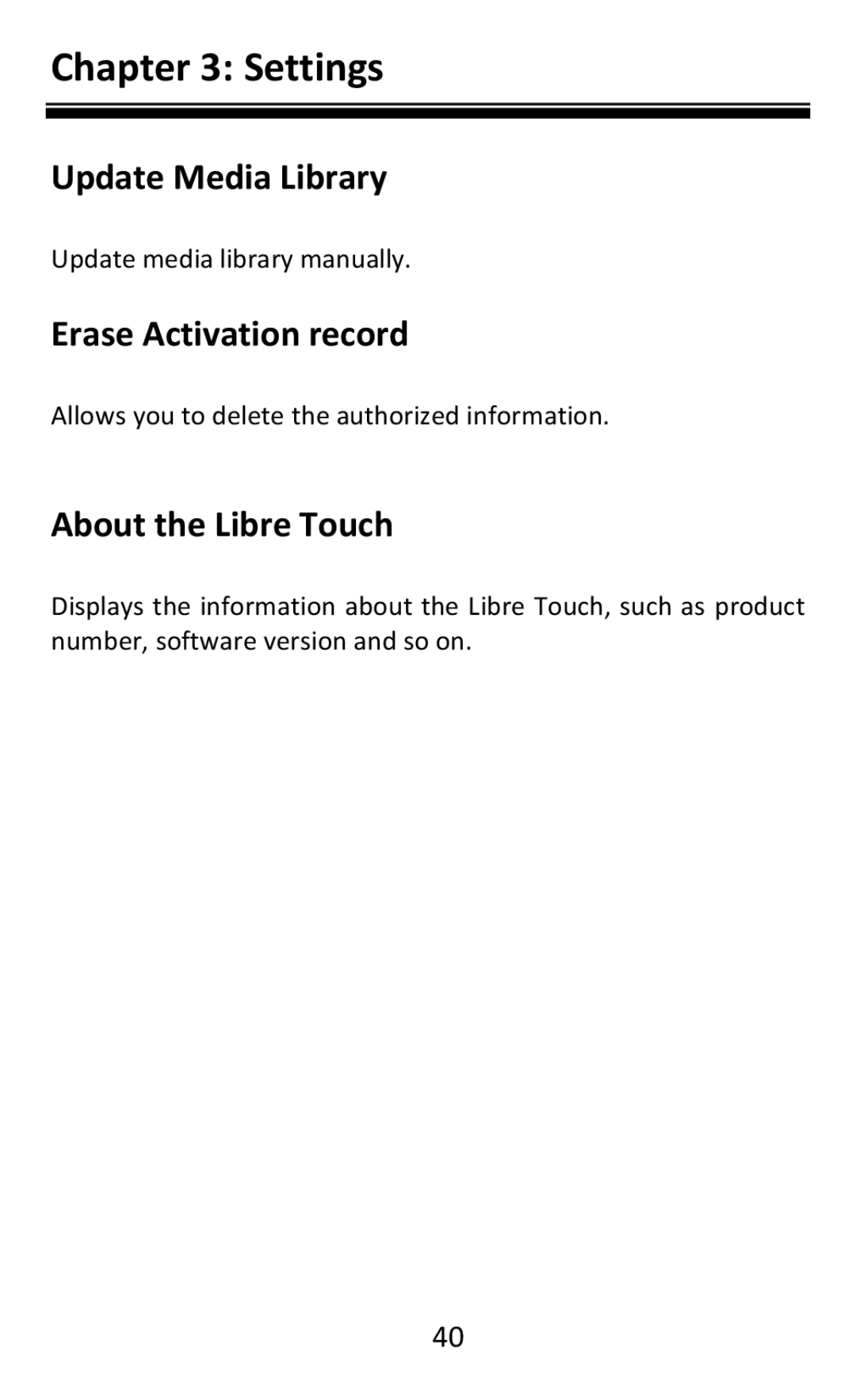 Aluratek AEBK08FB manual Update Media Library, Erase Activation record, About the Libre Touch 