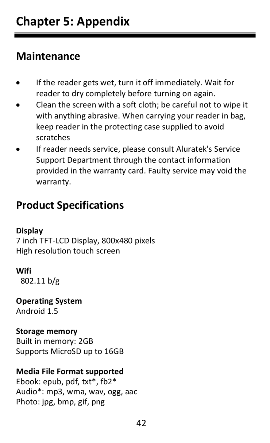 Aluratek AEBK08FB manual Appendix, Maintenance, Product Specifications 