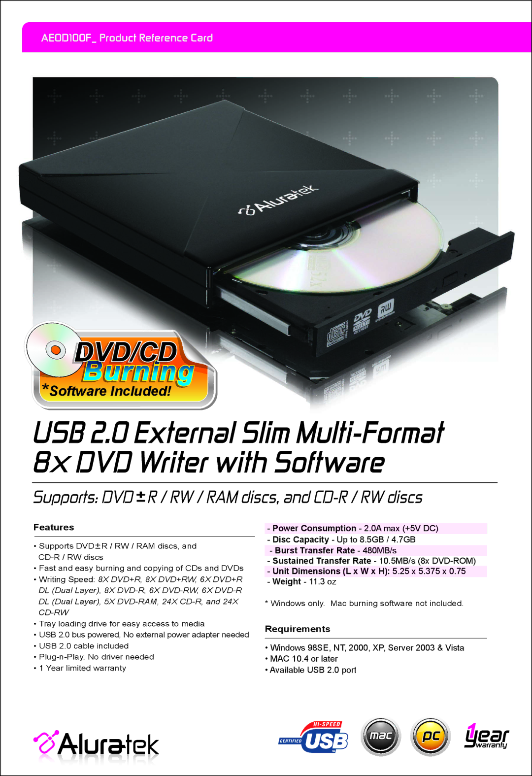 Aluratek AEOD100F dimensions Software Included, Features, Requirements 