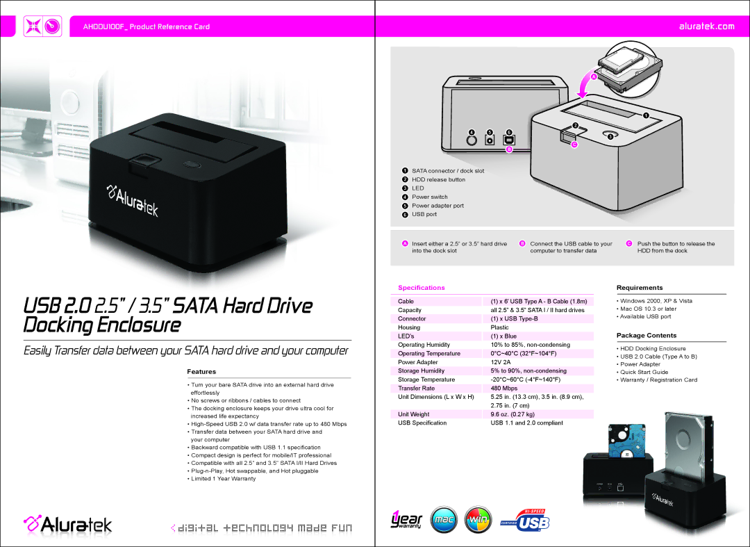 Aluratek AHDDU100F warranty USB 2.0 2.5 / 3.5 Sata Hard Drive Docking Enclosure, Aluratek.com, Requirements, Features 