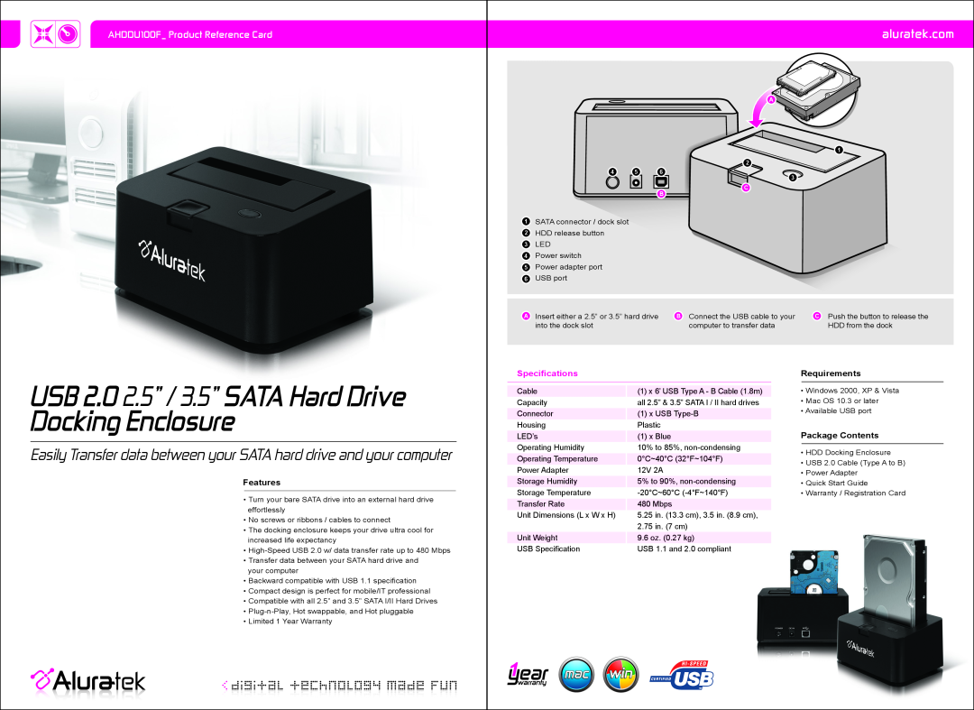 Aluratek AHDDU100F warranty USB 2.0 2.5” / 3.5” SATA Hard Drive Docking Enclosure, aluratek.com, Specifications, Features 