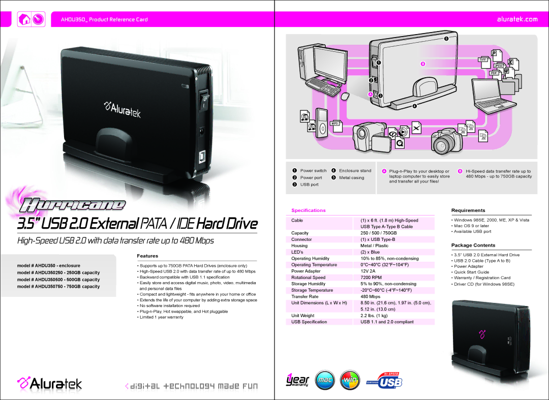 Aluratek AHDU350750, AHDU350500, AHDU350250 specifications USB 2.0 External Pata / IDE Hard Drive, Aluratek.com 