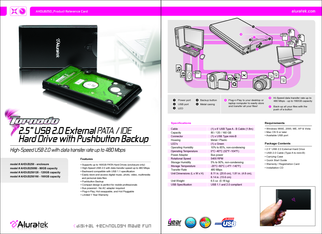 Aluratek AHDUB250 dimensions High-Speed USB 2.0 with data transfer rate up to 480 Mbps, Aluratek.com, Requirements 