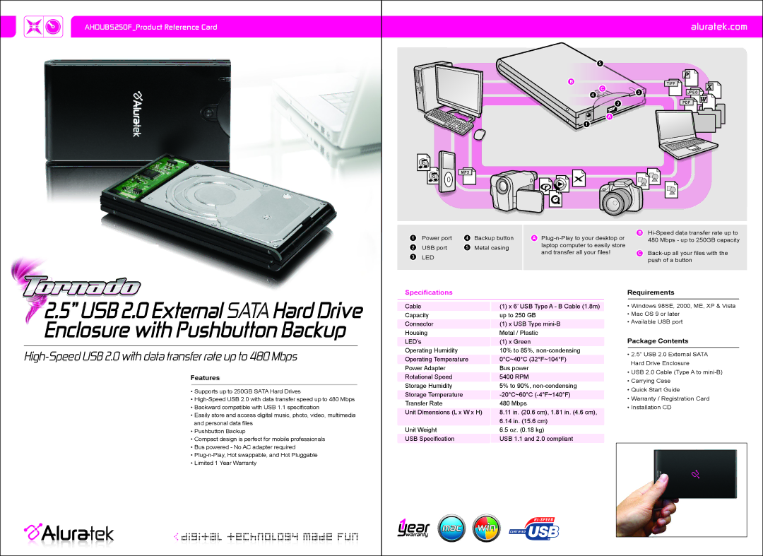 Aluratek AHDUBS250F dimensions High-Speed USB 2.0 with data transfer rate up to 480 Mbps, Aluratek.com, Requirements 