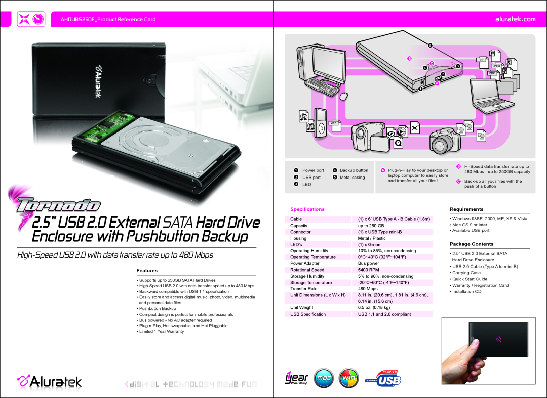 Aluratek AHDUBS250F dimensions 2.5” USB 2.0 External SATA Hard Drive, Enclosure with Pushbutton Backup, aluratek.com 